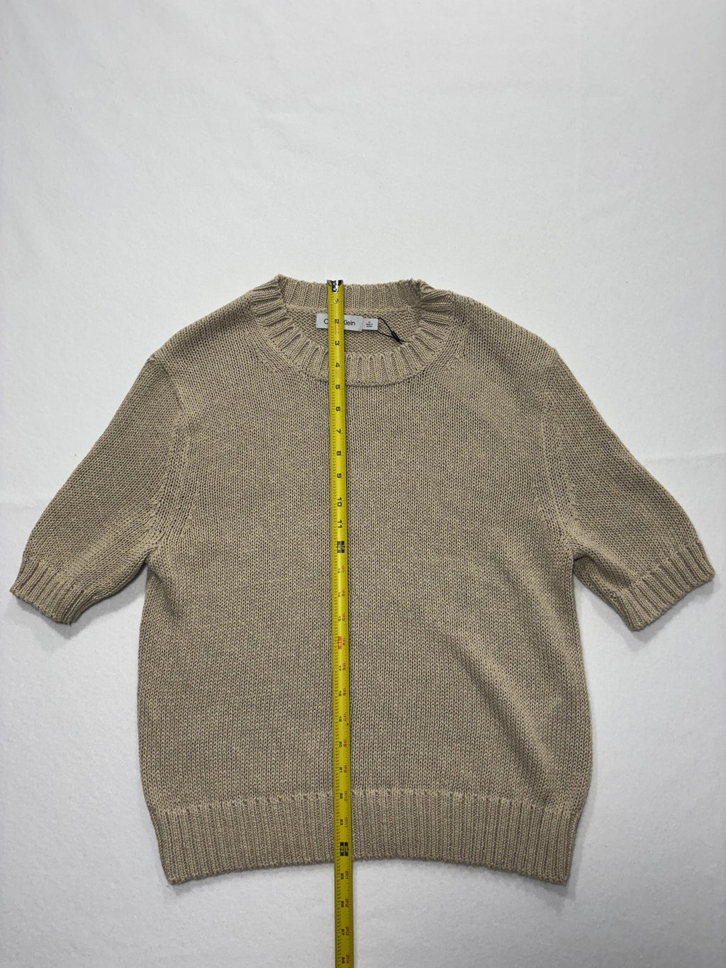 Calvin Klein Sweater Womens M Beige Short Sleeve Crew Neck Hemp Knit Pullover
