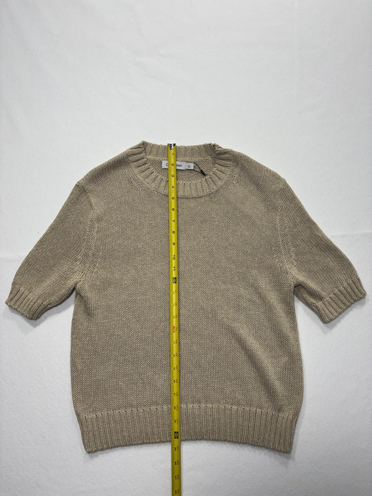 Calvin Klein Sweater Womens M Beige Short Sleeve Crew Neck Hemp Knit Pullover