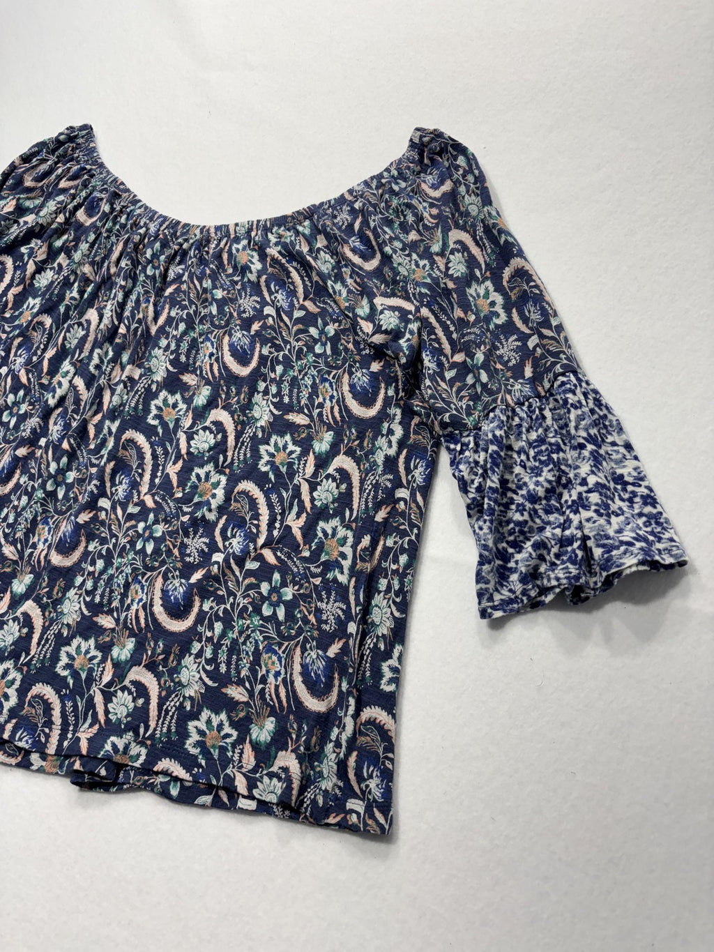 Lucky Brand Blouse Womens Medium Blue Paisley Off Shoulder 3/4 Bell Sleeve Boho