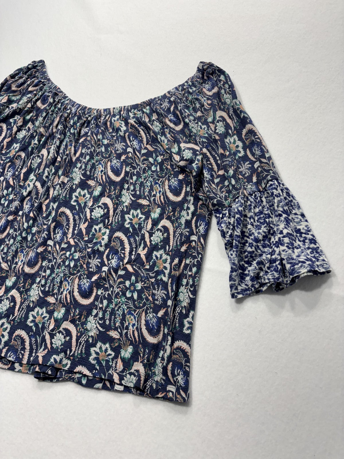 Lucky Brand Blouse Womens Medium Blue Paisley Off Shoulder 3/4 Bell Sleeve Boho