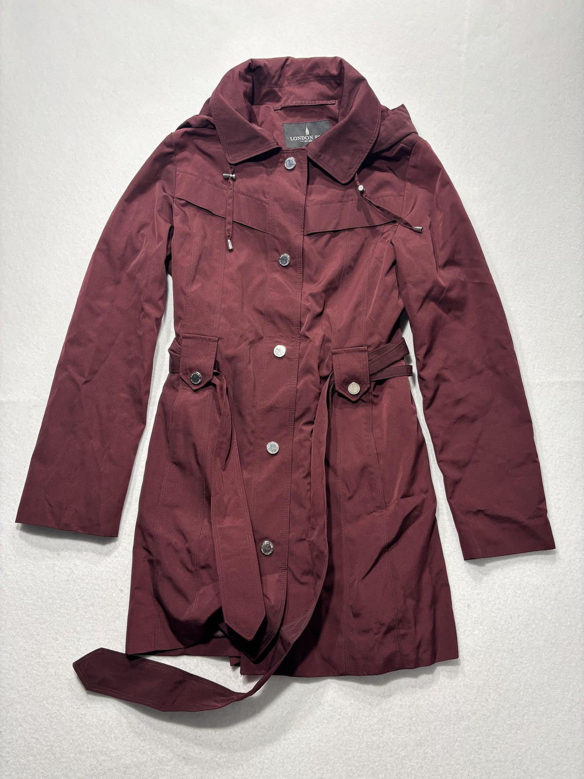 London Fog Trench Coat Womens S Red Belted Hooded Snap Front Mid Length