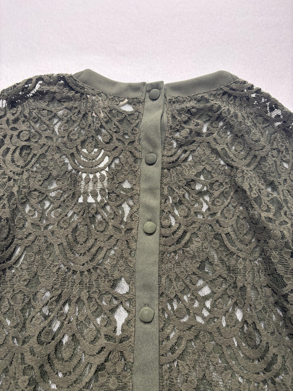 Banana Republic Blouse Womens Medium Green Lace Crew Neck Long Sleeve Sheer Top