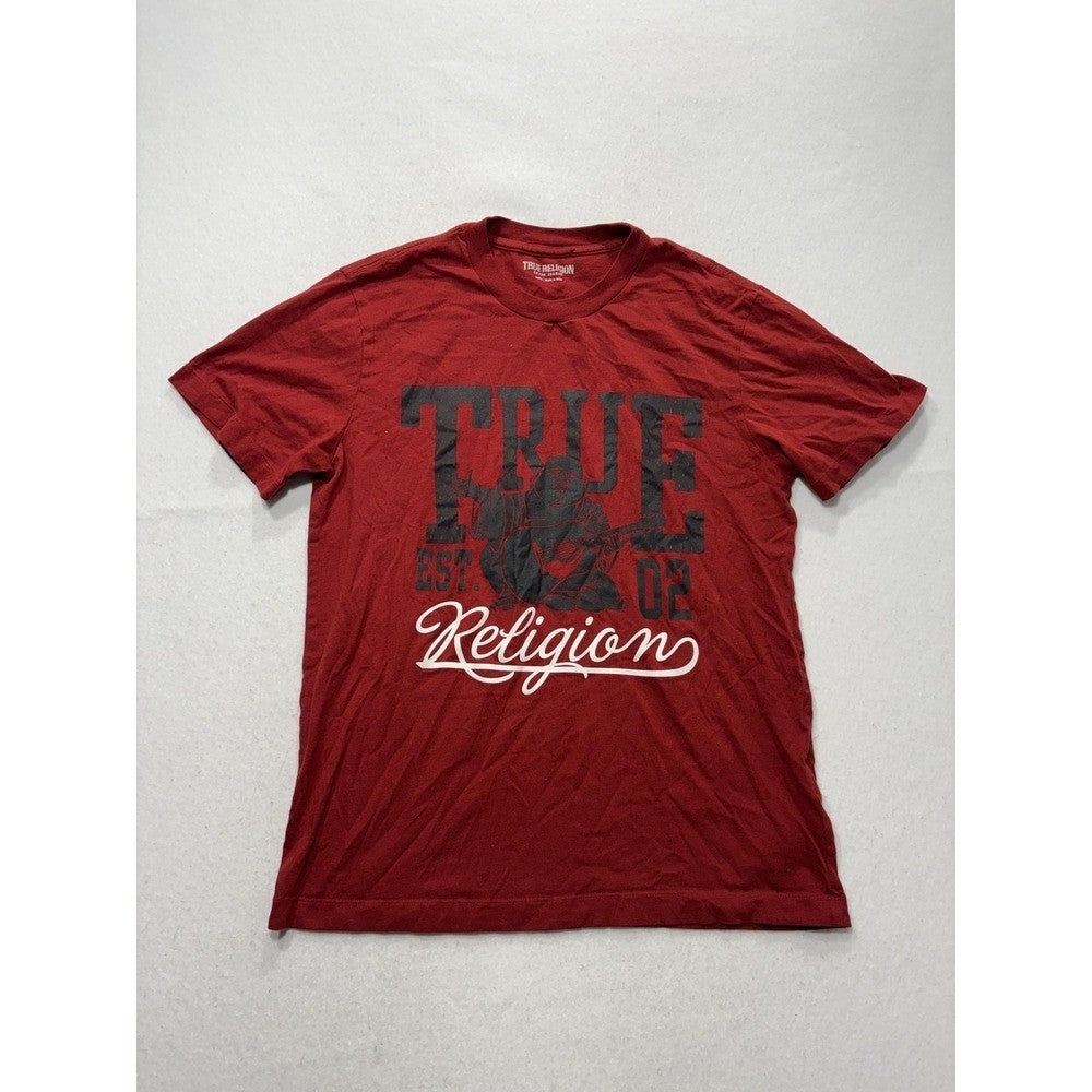 True Religion Shirt Mens Small Red Buddha Logo Graphic Tee Short Sleeve Cotton