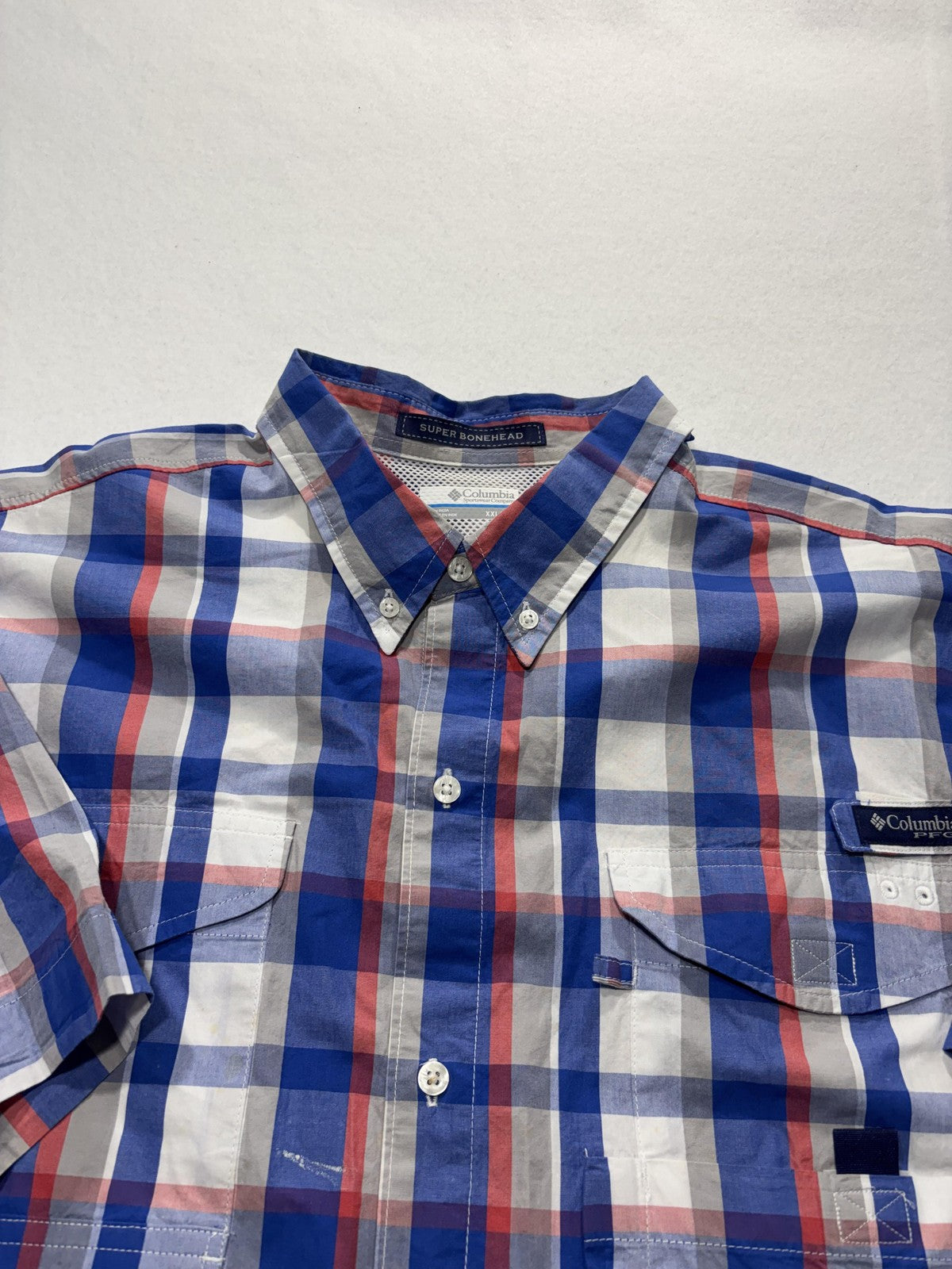 Columbia PFG Super Bonehead Shirt Mens 2XL Blue Short Sleeve Fishing Button Up