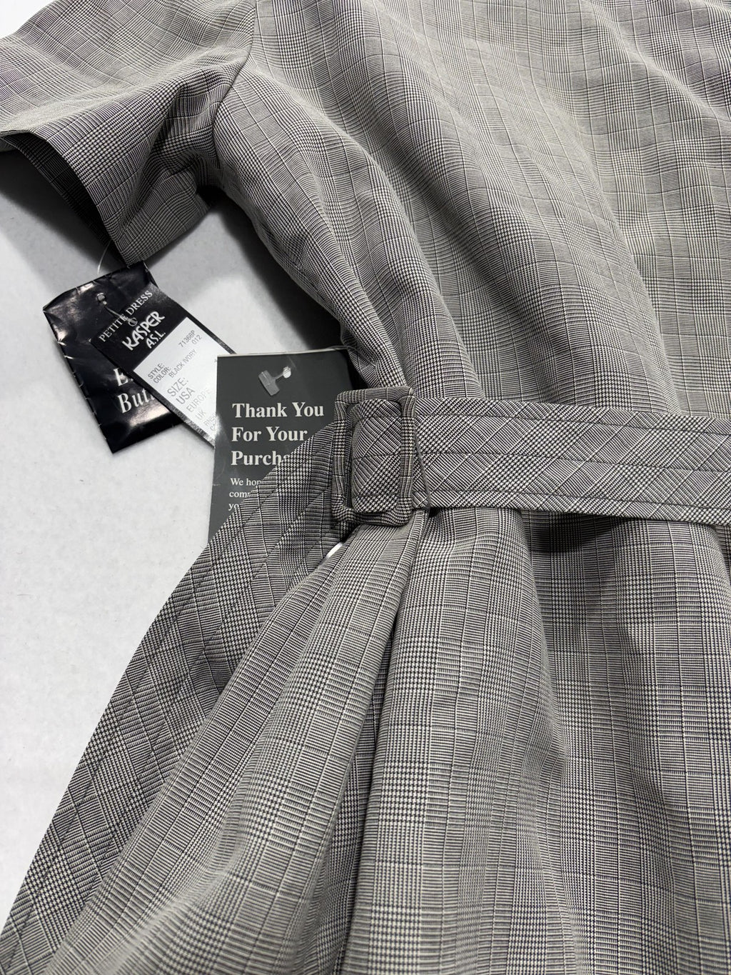 Kasper ASL Jacket Dress Womens 14P Gray Plaid Short Sleeve Belted Workwear