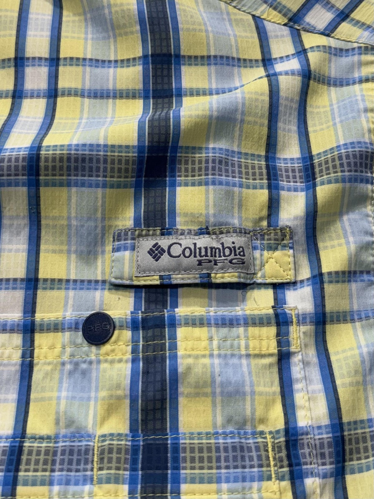 Columbia PFG Shirt Mens Medium Yellow Blue Plaid Long Sleeve Fishing Button Up