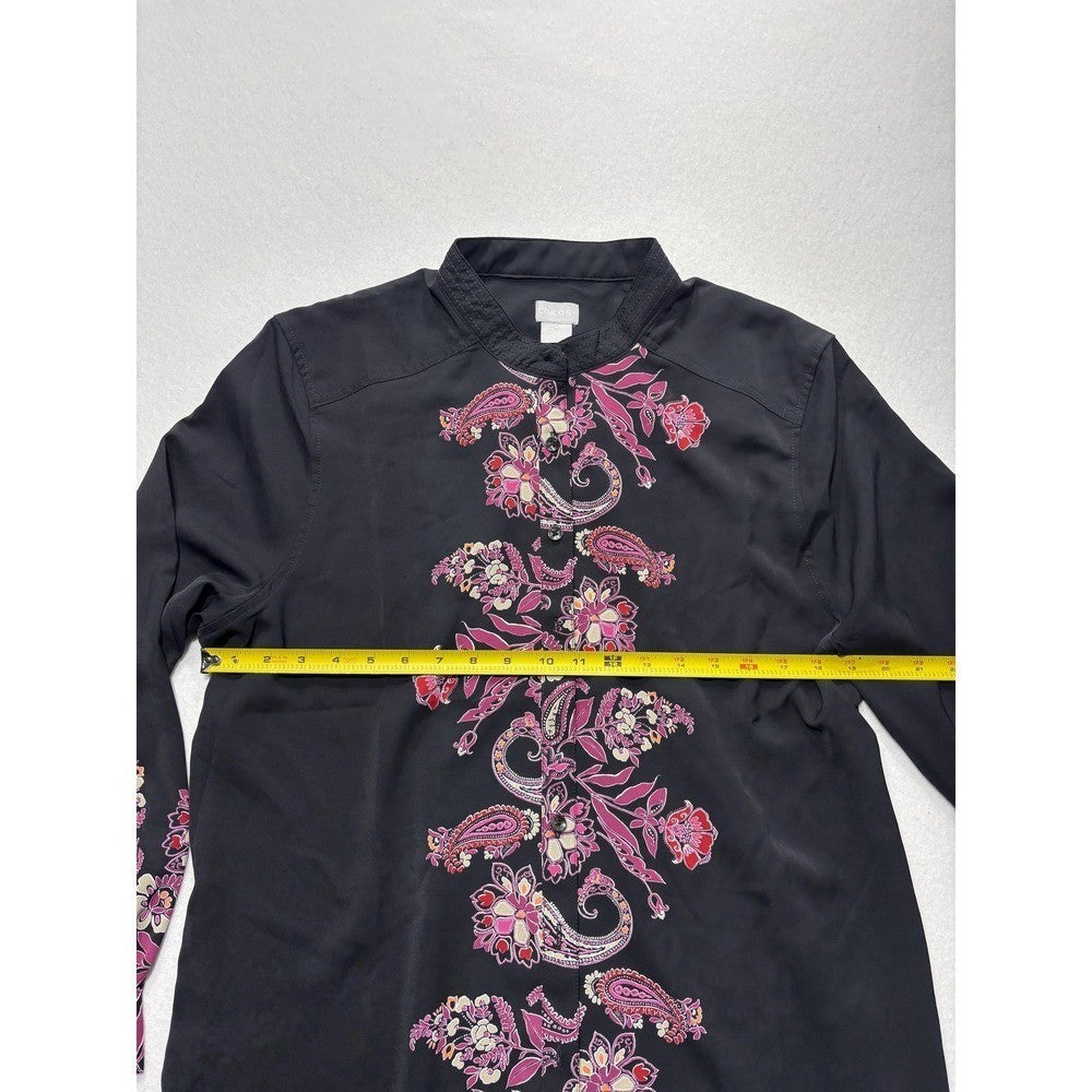 Chicos Womens 2 Black Paisley Floral Tunic Blouse Long Sleeve Mandarin Top