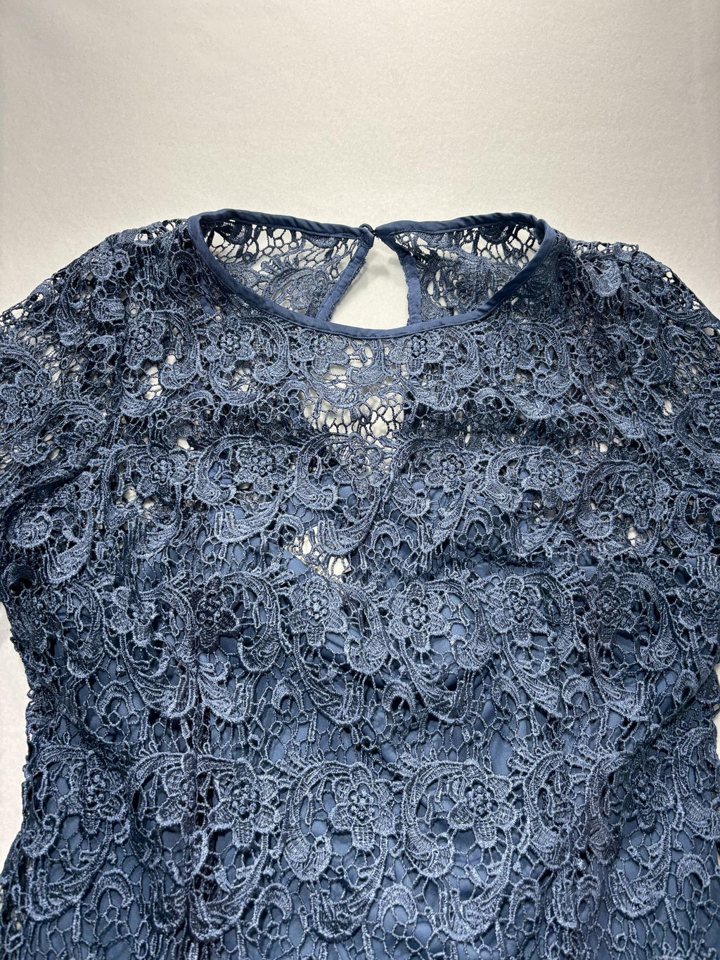 Dressbarn Dress Womens 14 Blue Floral Lace Short Sleeve Sheath Party Cocktail