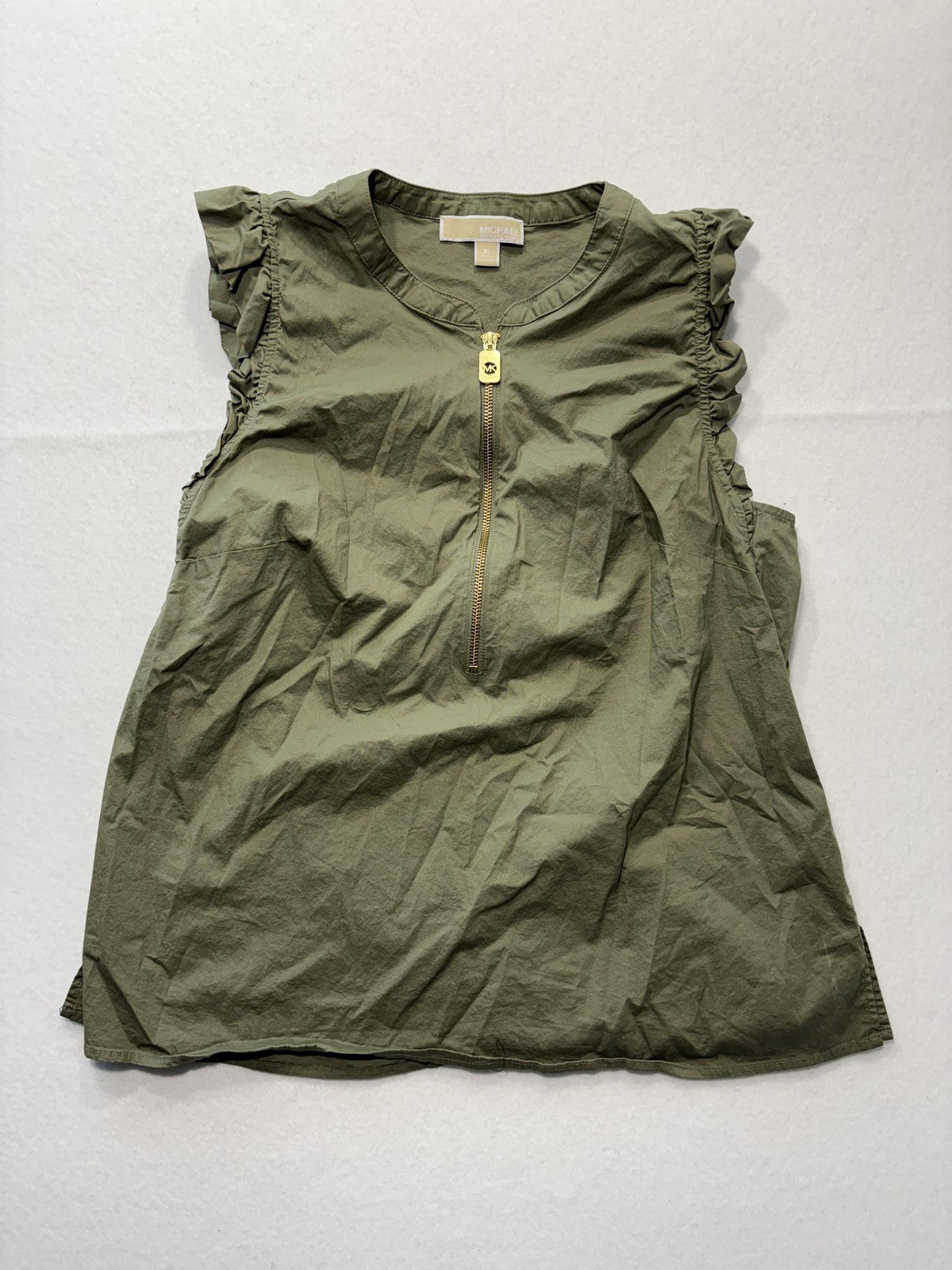 Michael Kors Blouse Womens XL Green Crew Neck Ruffle Sleeveless Half Zip Top