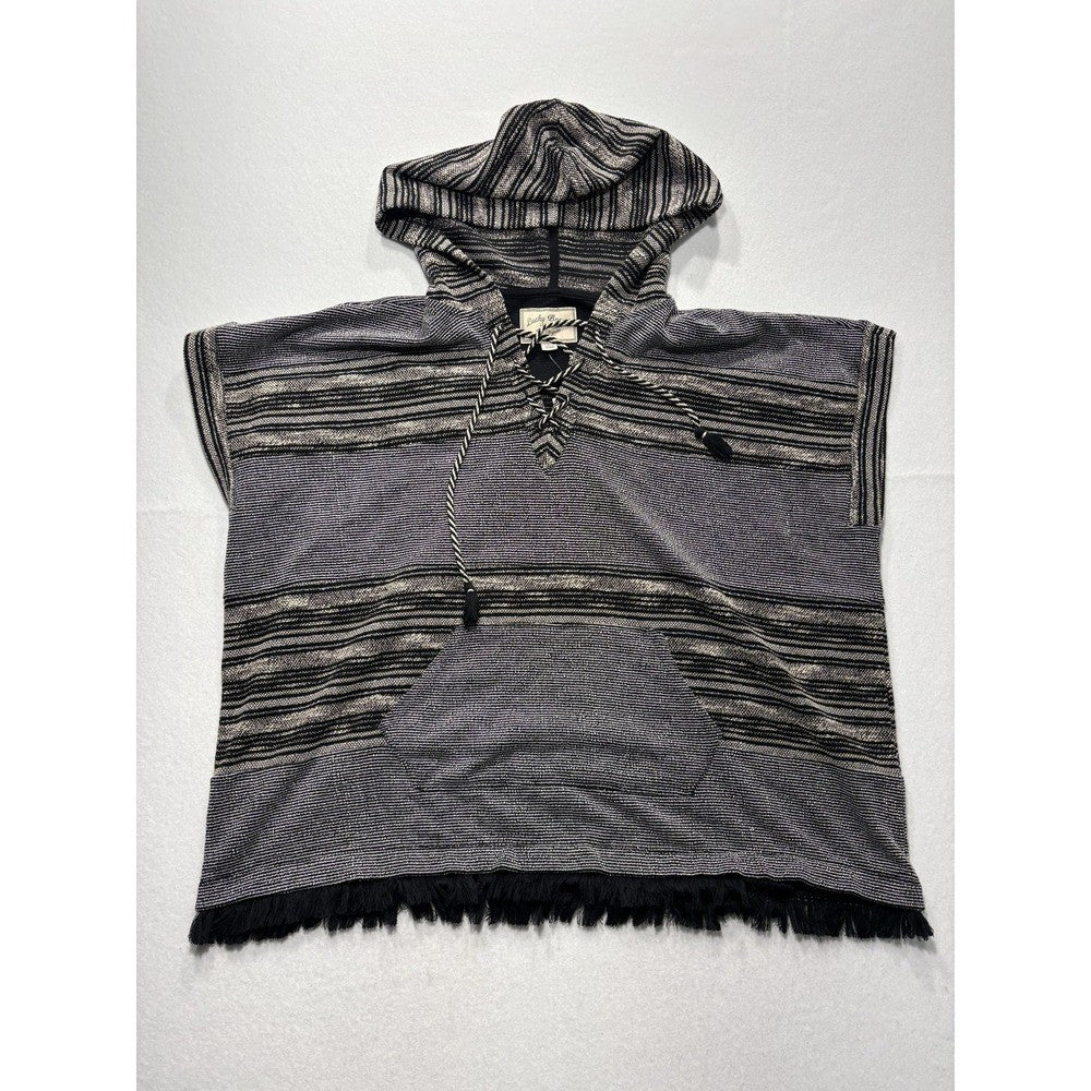 Lucky Brand Sweater Womens XS/S Black Striped Hooded Fringe Poncho Pullover