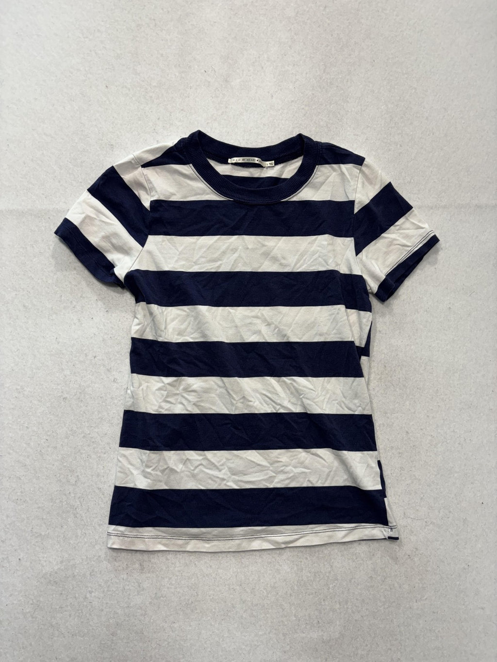 H + H BY HEART Shirt Unisex Kids L Blue White Stripe Crew Neck Tee Short Sleeve