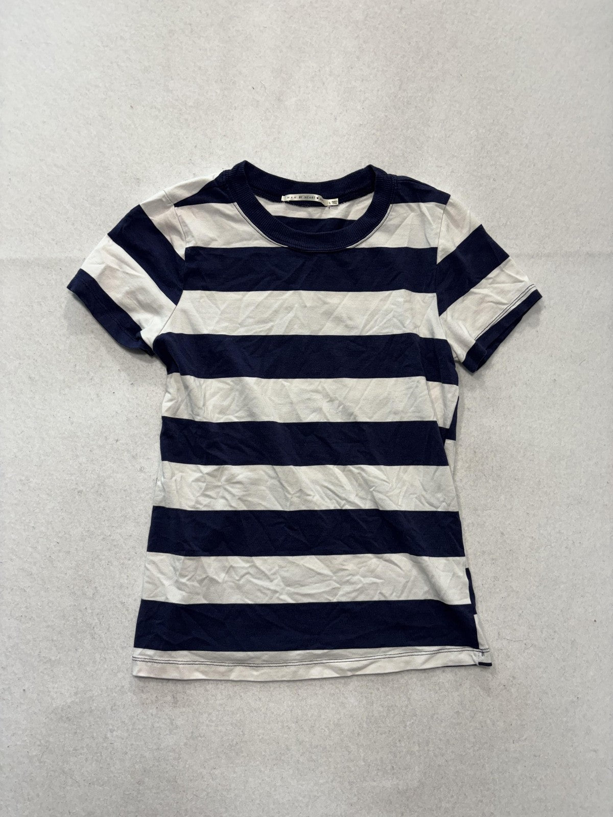 H + H BY HEART Shirt Unisex Kids L Blue White Stripe Crew Neck Tee Short Sleeve