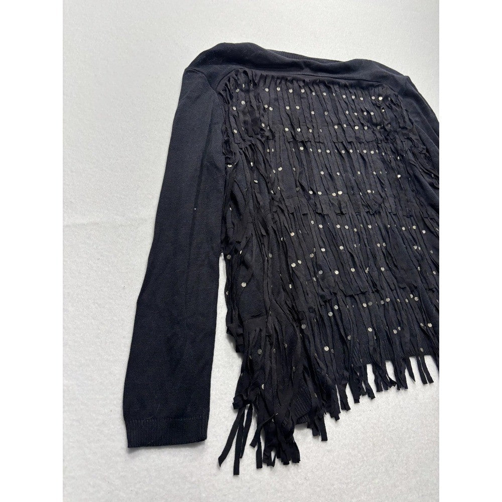 Chan Luu Cardigan Womens XS Black Fringe Sequin Knit Open Front Boho Long Sleeve