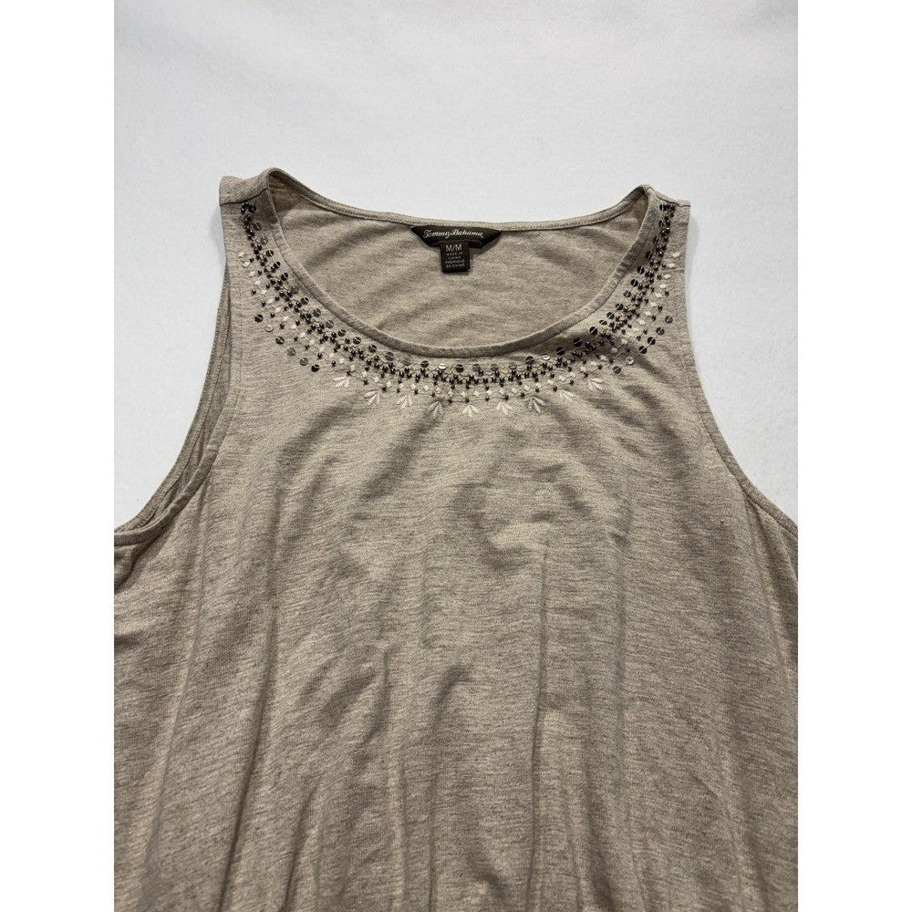 Tommy Bahama Dress Womens Medium Beige Beaded Scoop Neck Belted Hi Low Sundress