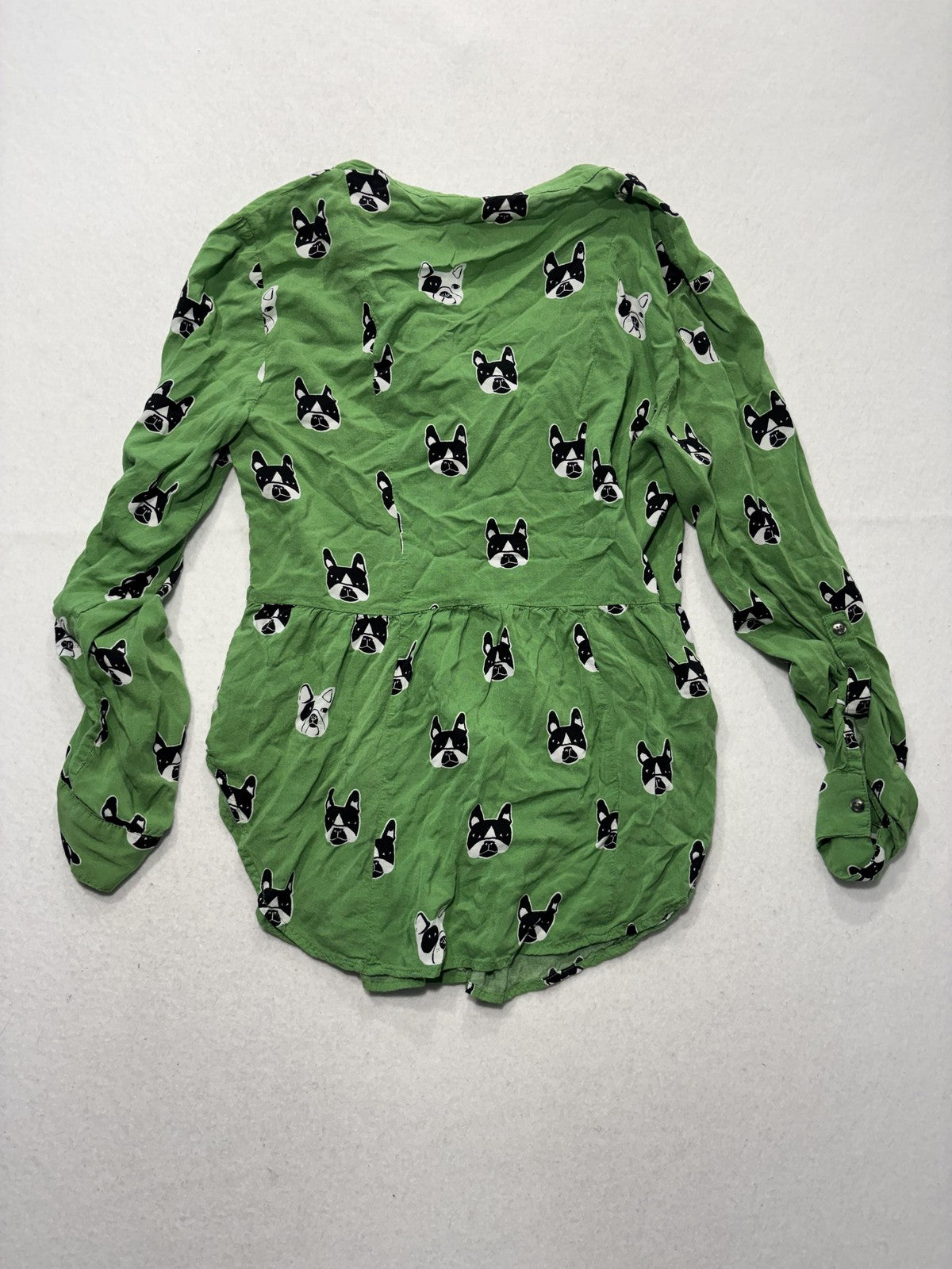 Maeve Blouse Womens 6 Green Dog Print Henley Long Roll Tab Sleeve Tunic Top