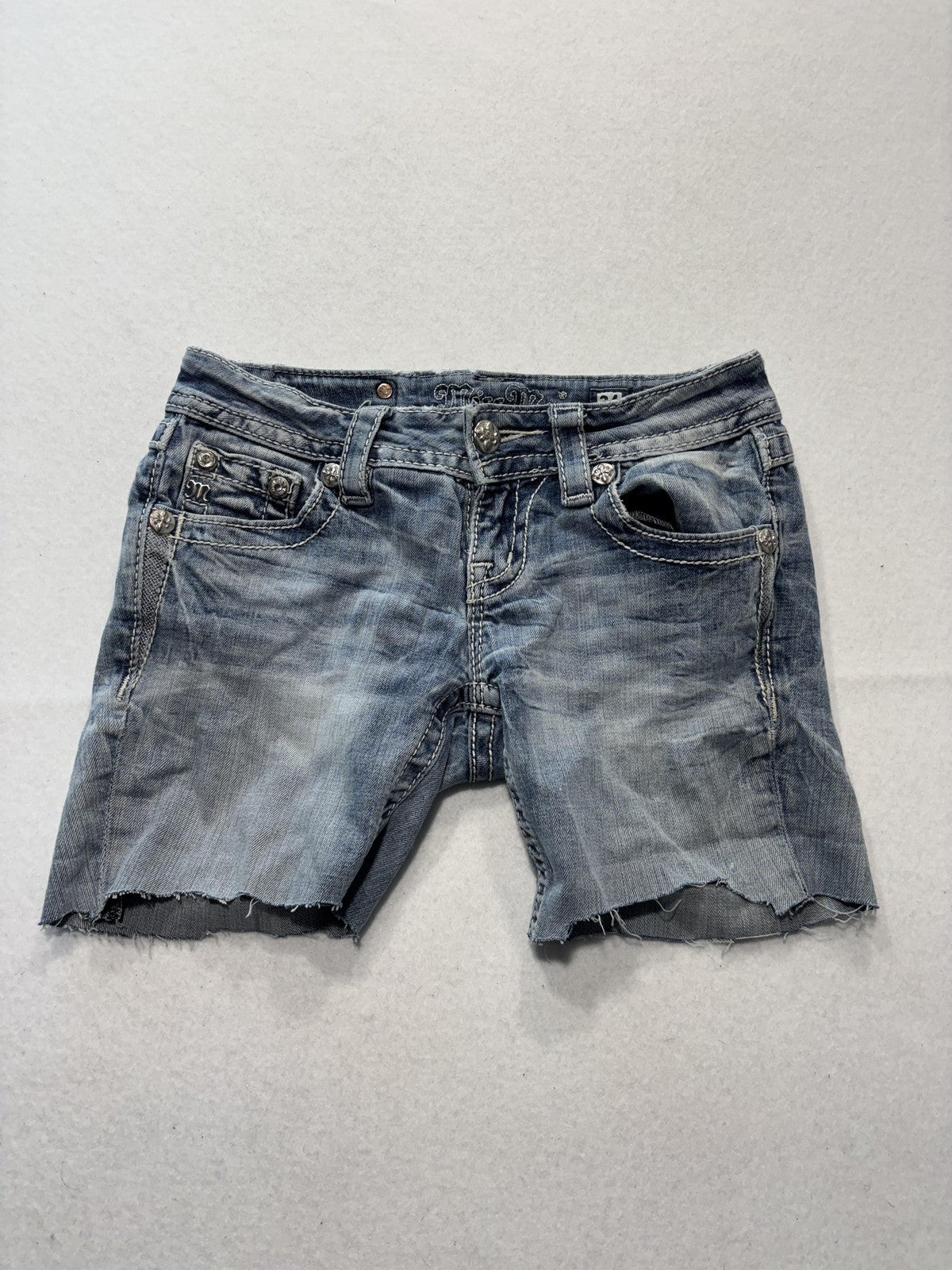 Miss Me Signature Shorts Womens 24 Blue Cut Off Raw Hem Embroidered Denim