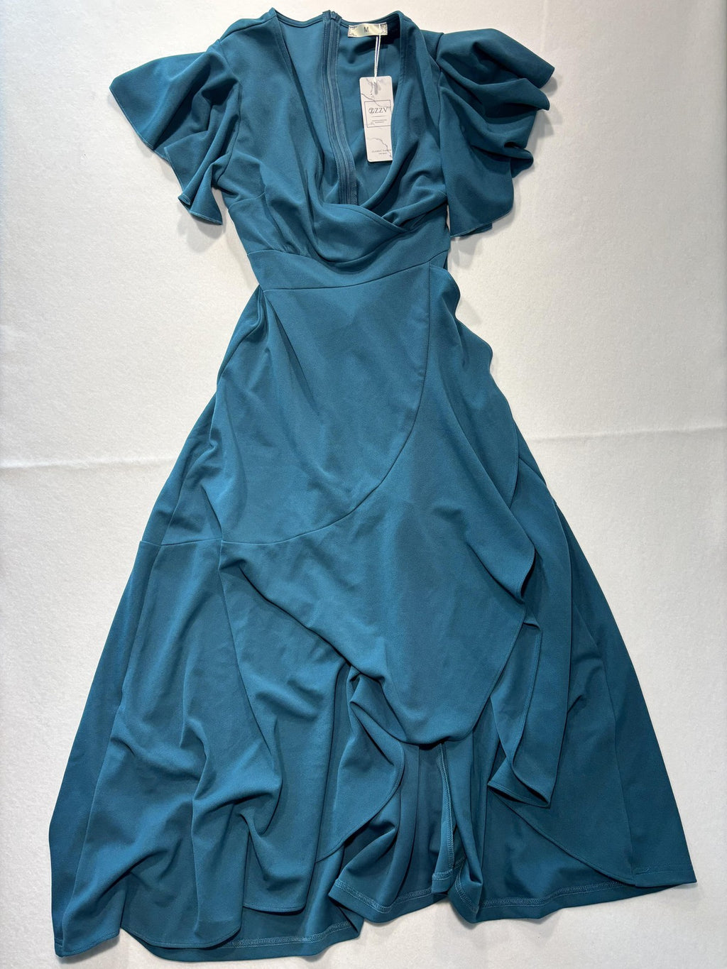 ZZV Dress Womens Medium Blue Cowl Neck Flutter Sleeve Asymmetrical Ruffle Midi