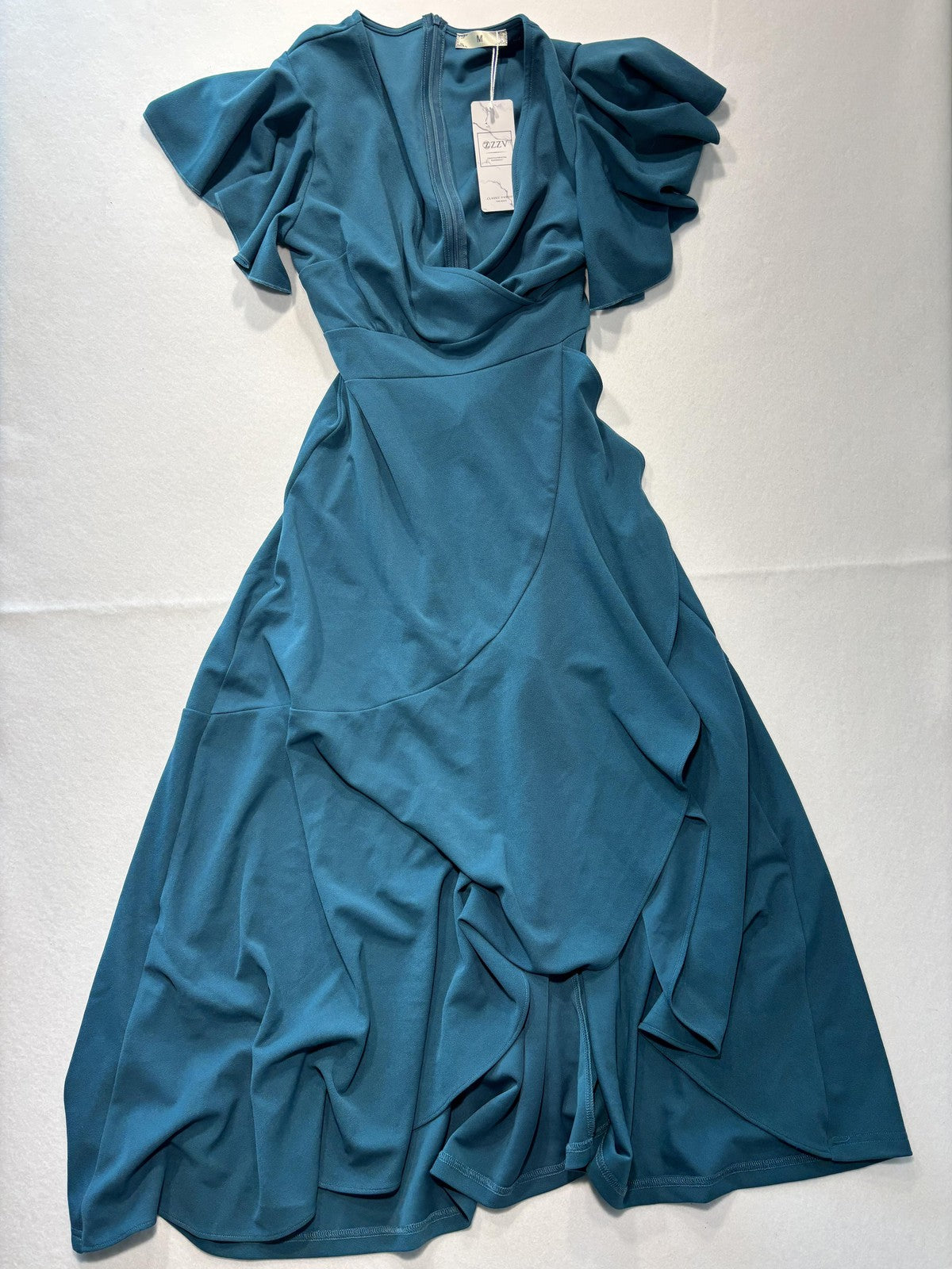 ZZV Dress Womens Medium Blue Cowl Neck Flutter Sleeve Asymmetrical Ruffle Midi