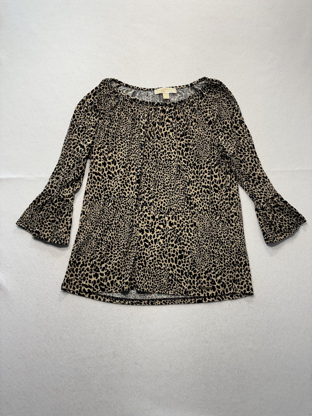 Michael Kors Blouse Womens Medium Beige Leopard Print 3/4 Bell Sleeve Tunic Top