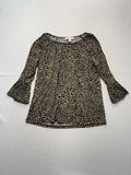 Michael Kors Blouse Womens Medium Beige Leopard Print 3/4 Bell Sleeve Tunic Top