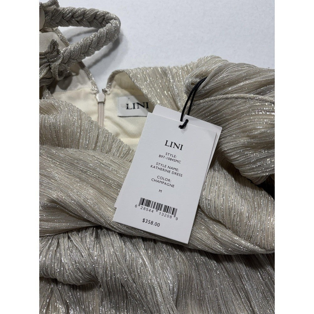 LINI Katherine Dress Womens Medium Champagne Metallic Pleated V Neck Maxi