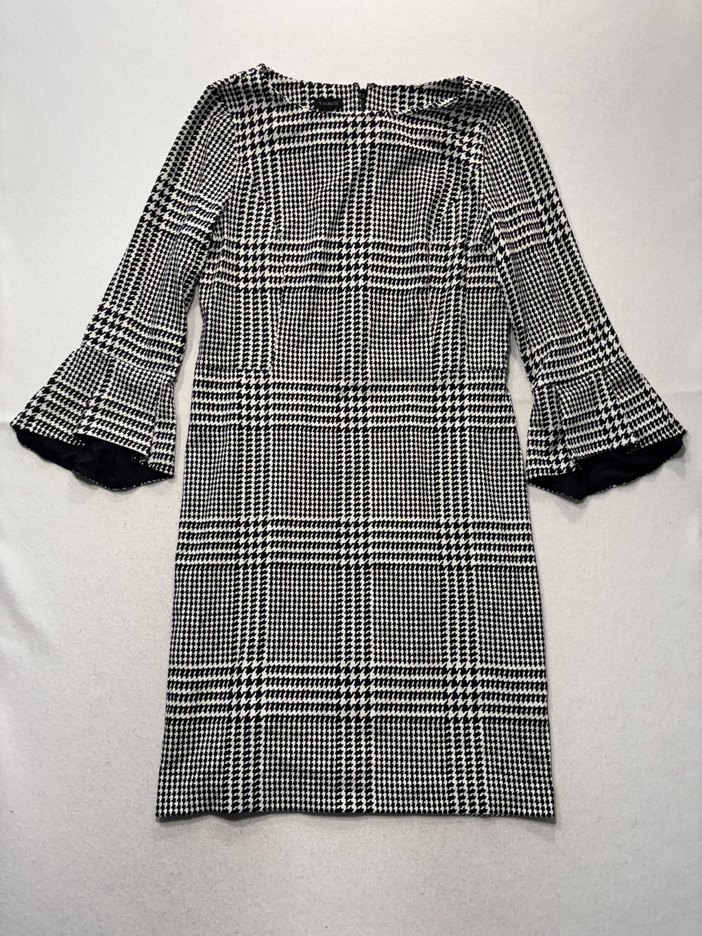 Talbots Dress Womens 14 Black Houndstooth Boat Neck 3/4 Bell Sleeve Sheath Knit