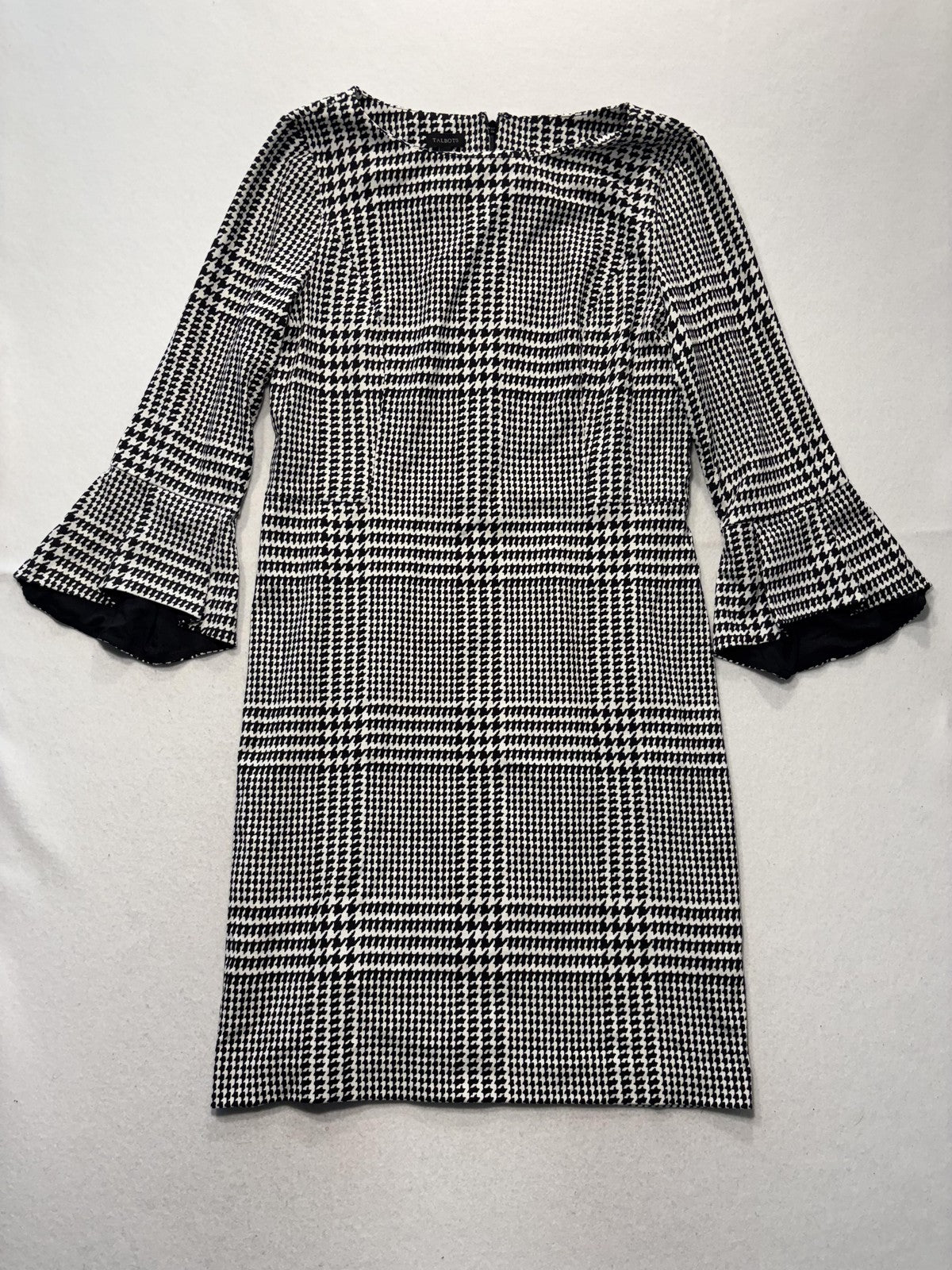 Talbots Dress Womens 14 Black Houndstooth Boat Neck 3/4 Bell Sleeve Sheath Knit