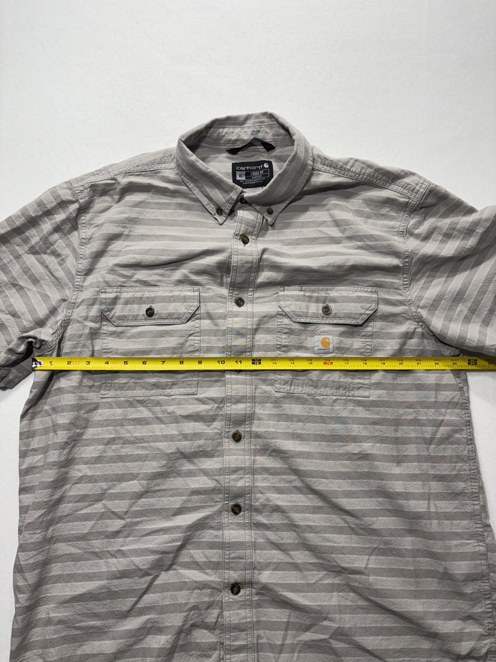 Carhartt Shirt Mens XL Gray Striped Loose Fit Short Sleeve Button Up Workwear