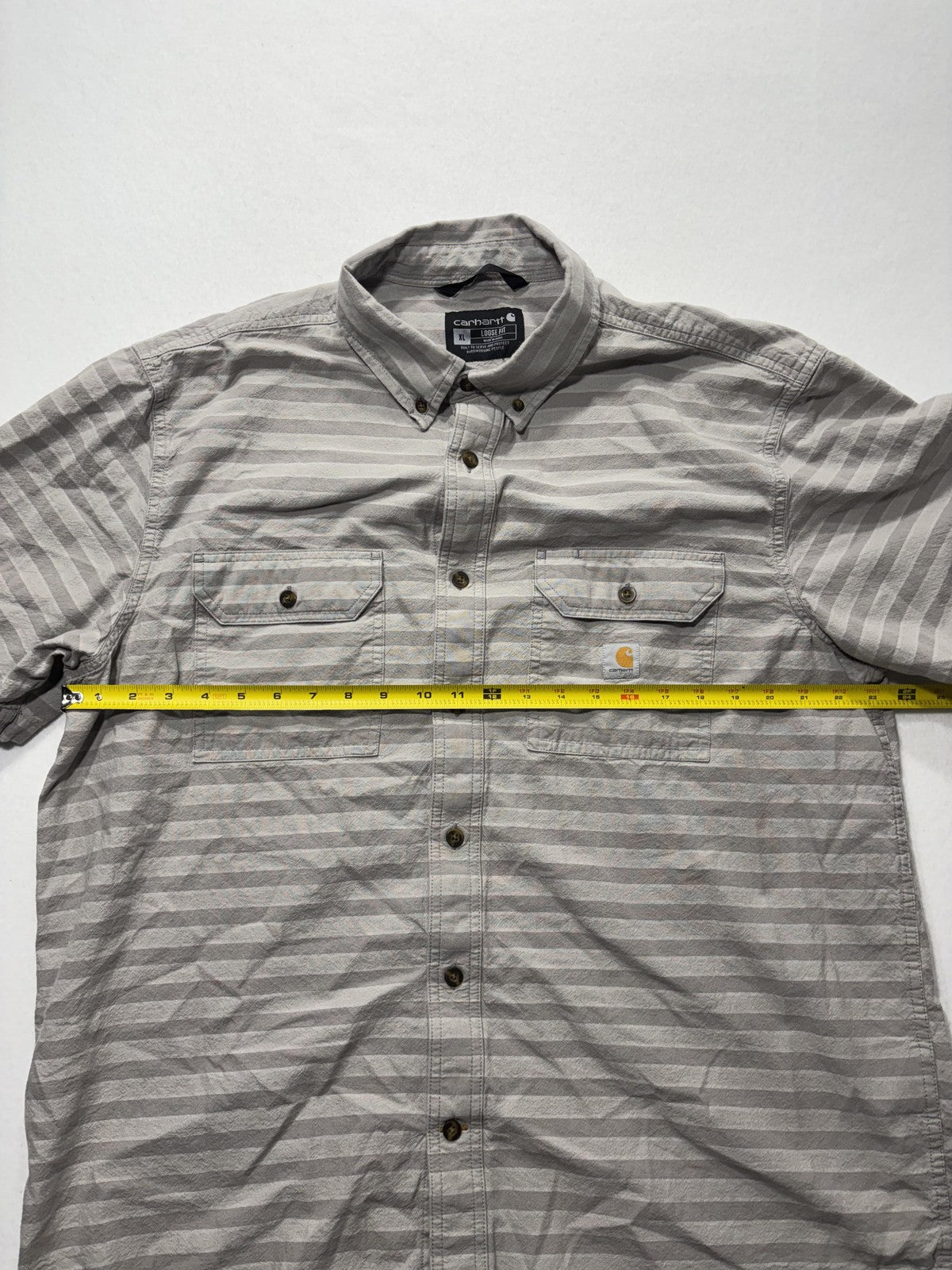 Carhartt Shirt Mens XL Gray Striped Loose Fit Short Sleeve Button Up Workwear