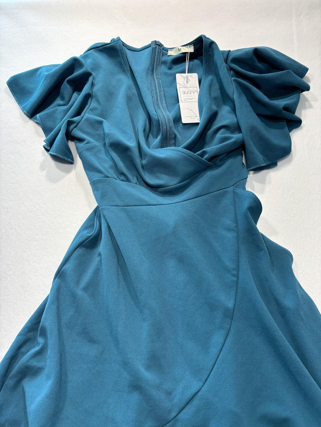 ZZV Dress Womens Medium Blue Cowl Neck Flutter Sleeve Asymmetrical Ruffle Midi