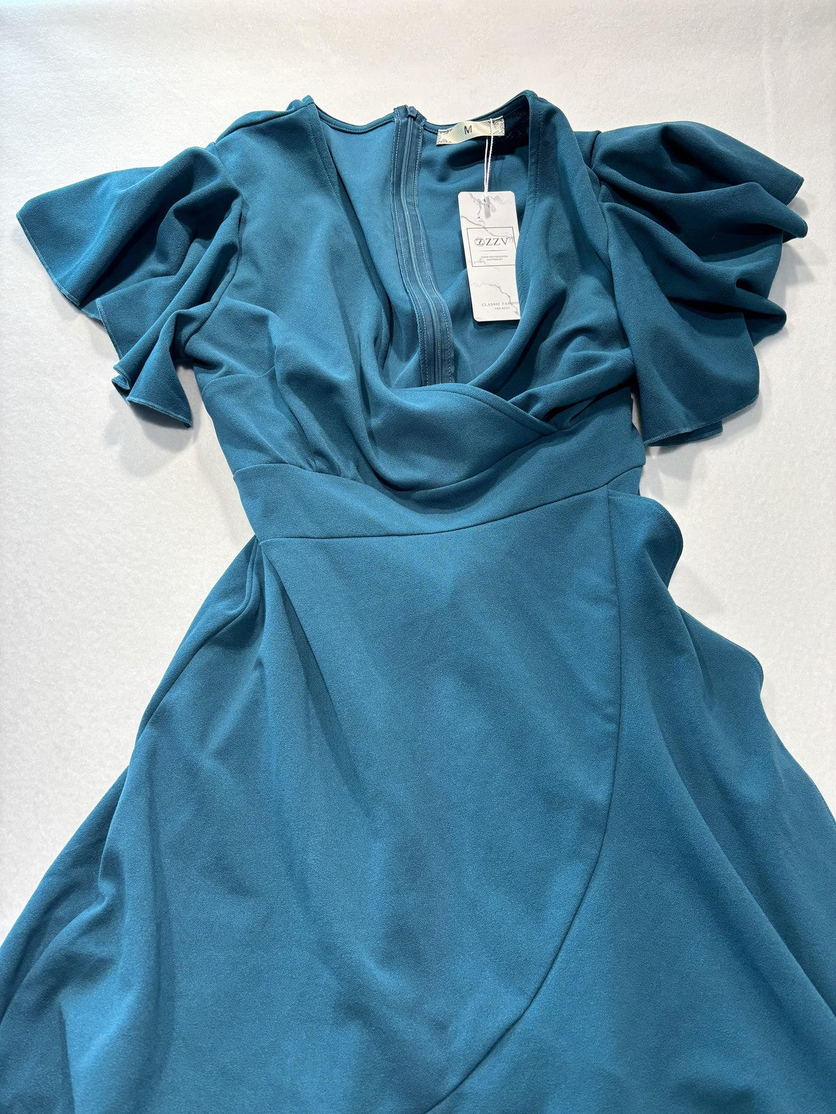 ZZV Dress Womens Medium Blue Cowl Neck Flutter Sleeve Asymmetrical Ruffle Midi