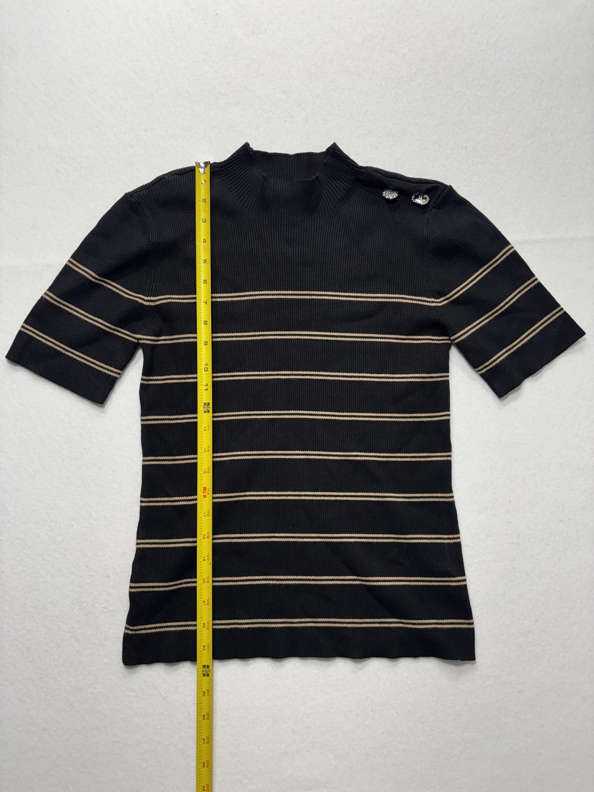 Ellen Tracy Sweater Womens Large Black Stripe Mock Neck Jeweled Shoulder Knit