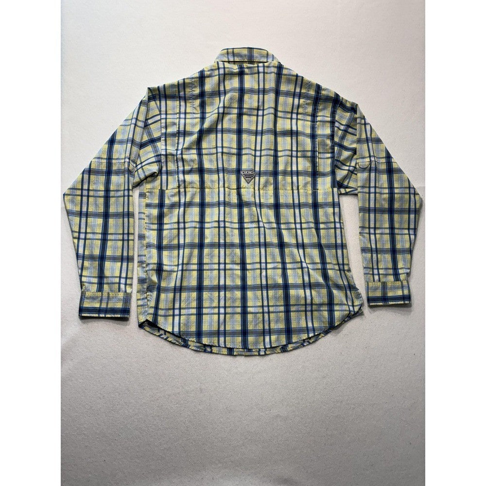 Columbia PFG Shirt Mens Medium Yellow Blue Plaid Long Sleeve Fishing Button Up