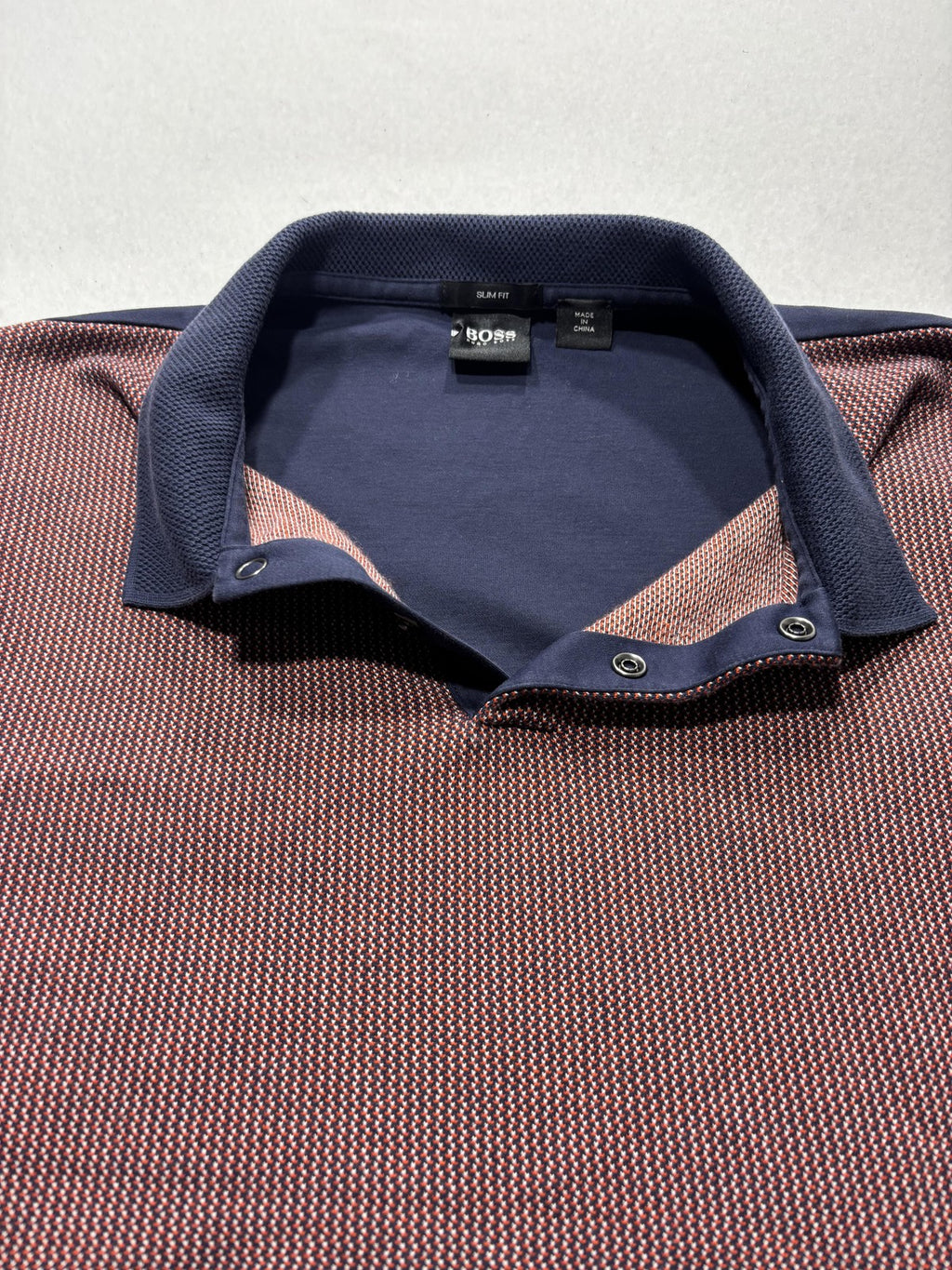 Hugo Boss Polo Shirt Mens Medium Blue Slim Fit Geometric Knit Short Sleeve