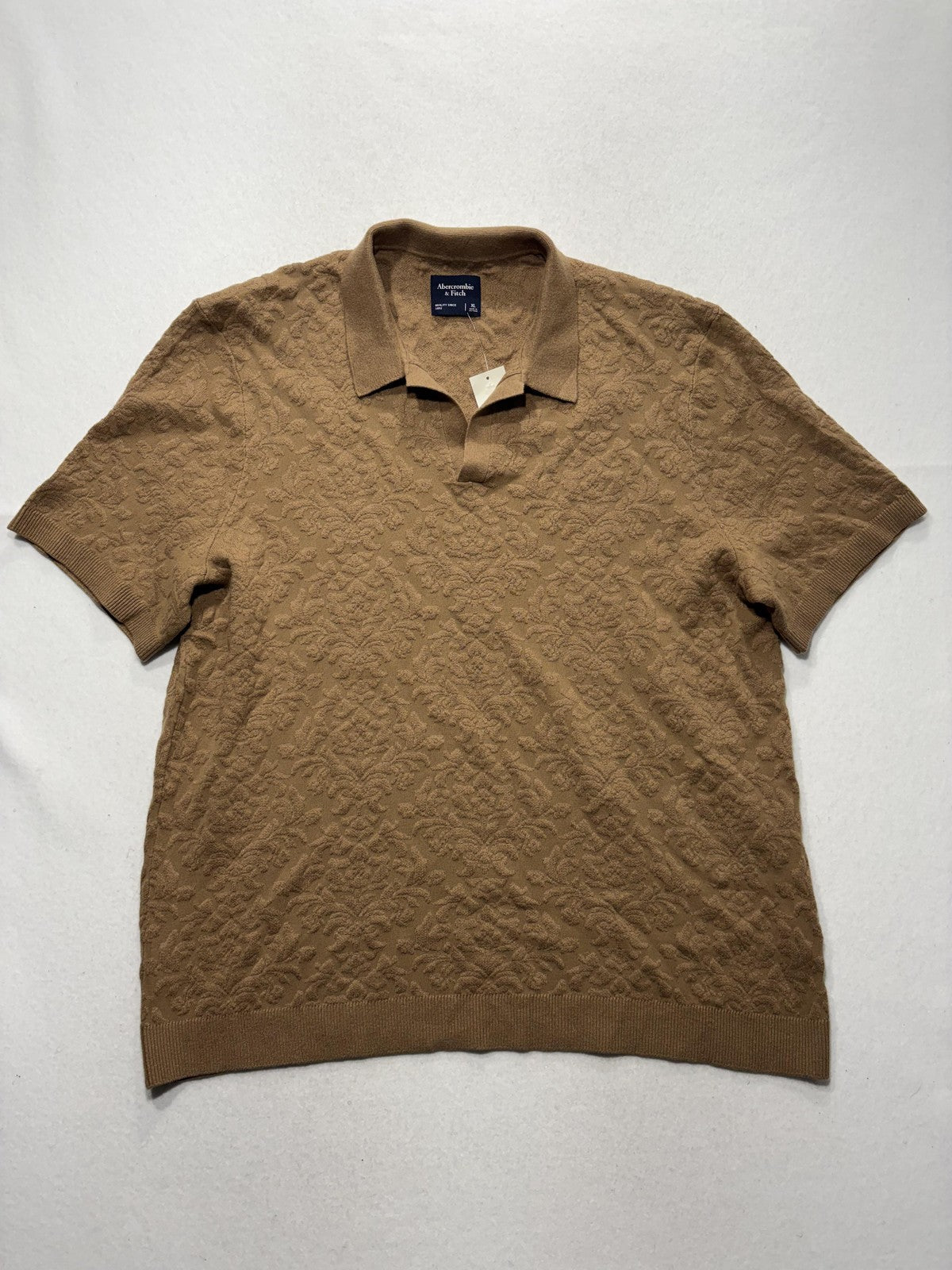 Abercrombie & Fitch Polo Shirt Mens XL Brown Jacquard Floral Knit Short Sleeve