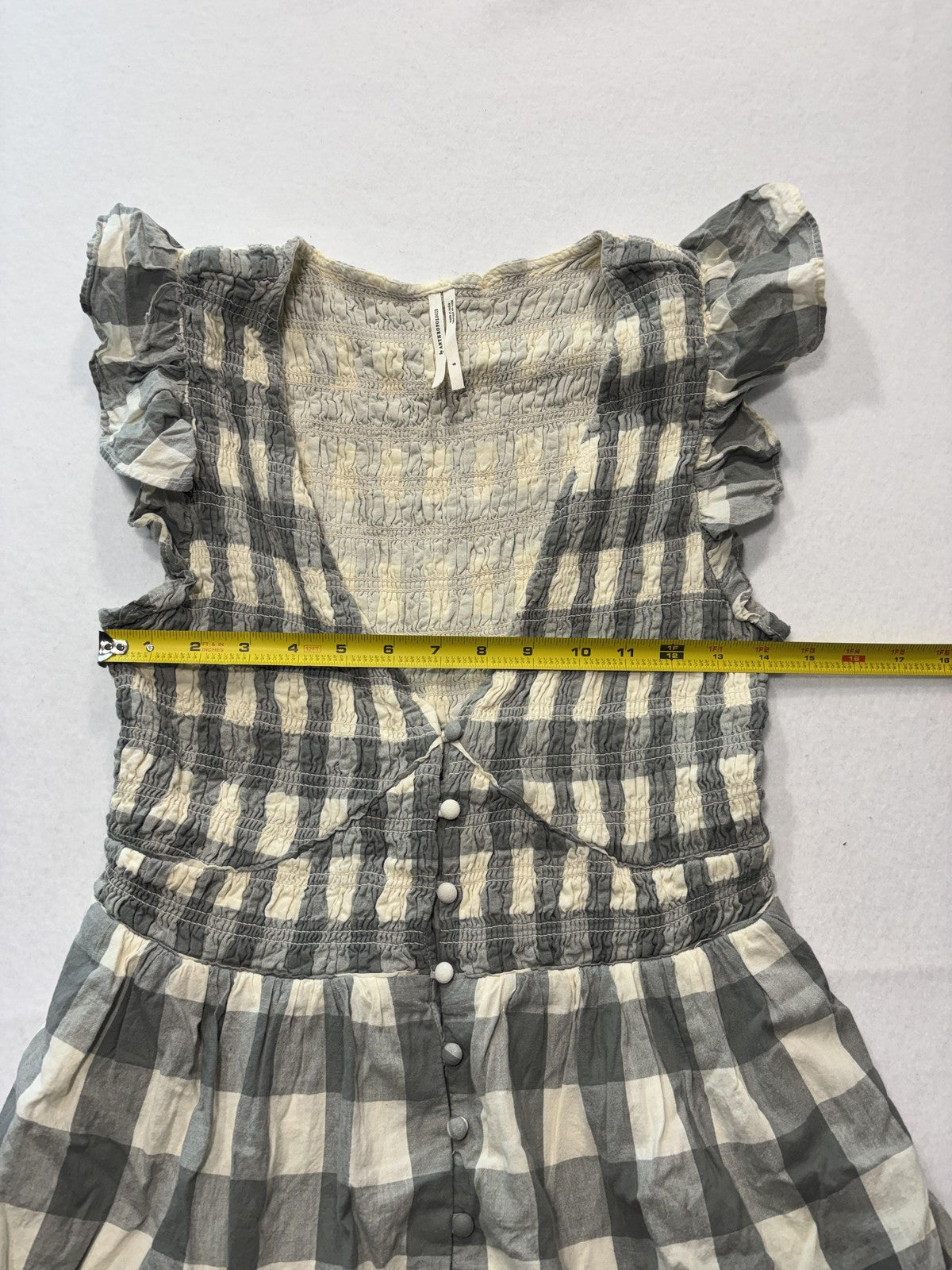 Anthropologie Dress Womens Small Gray Check V Neck Smocked Ruffle Sundress Boho
