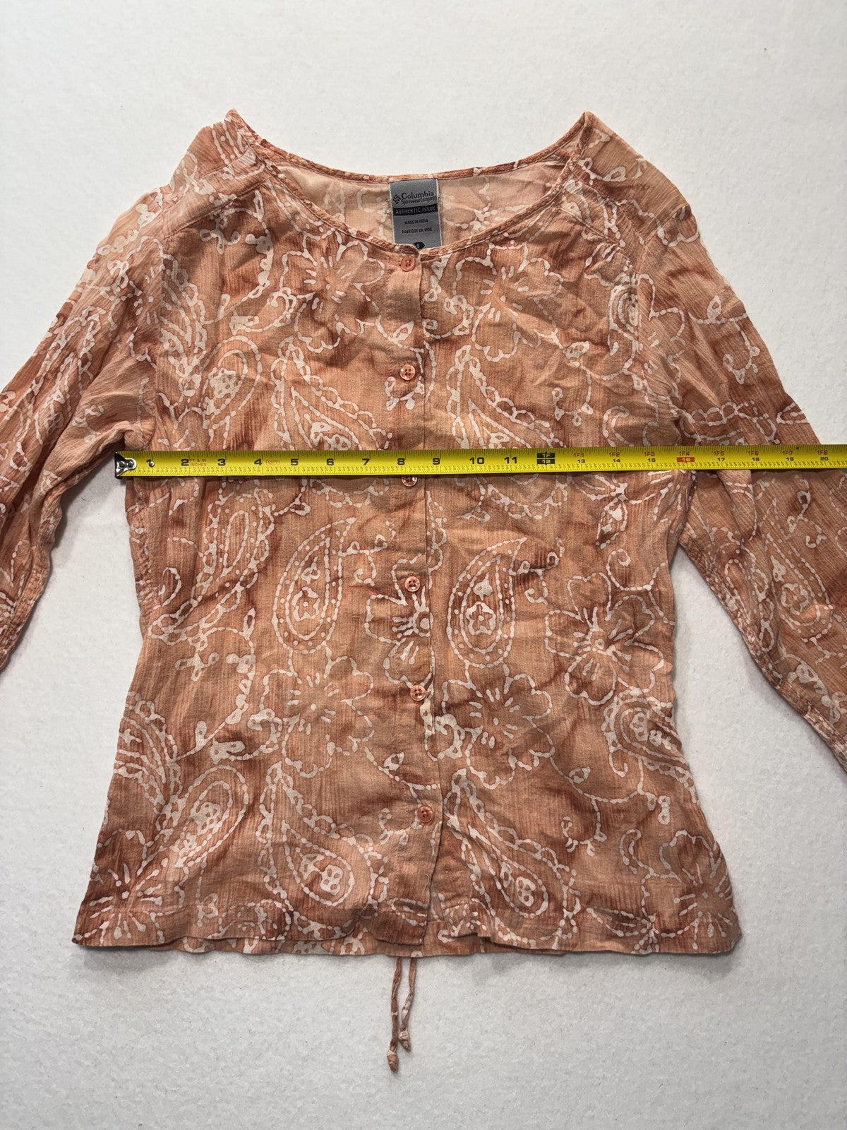 Columbia Blouse Womens Small Brown Paisley 3/4 Sleeve Tunic Button Front Cotton