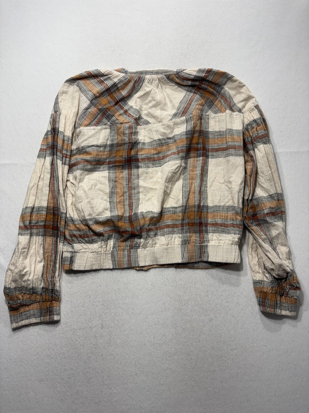 Free People Jacket Womens XL White Plaid Bomber Full Zip Elastic Hem Lightweight