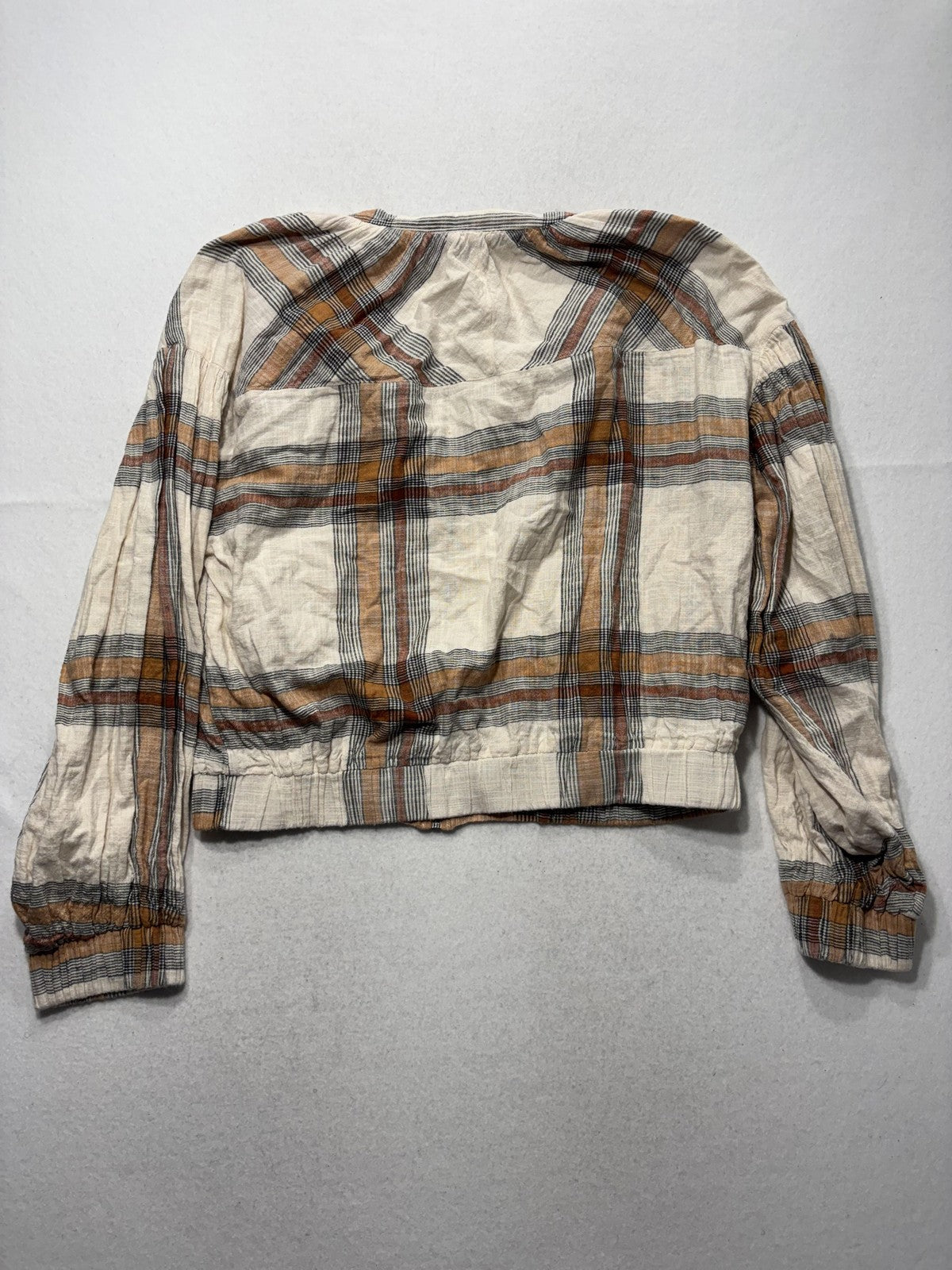 Free People Jacket Womens XL White Plaid Bomber Full Zip Elastic Hem Lightweight