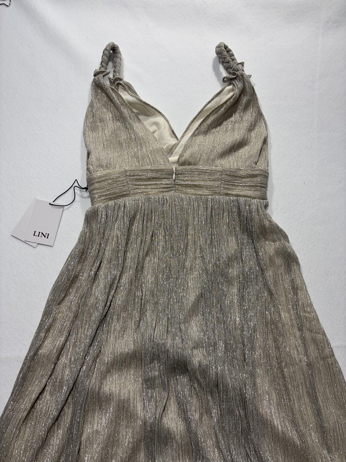 LINI Katherine Dress Womens Medium Champagne Metallic Pleated V Neck Maxi Formal