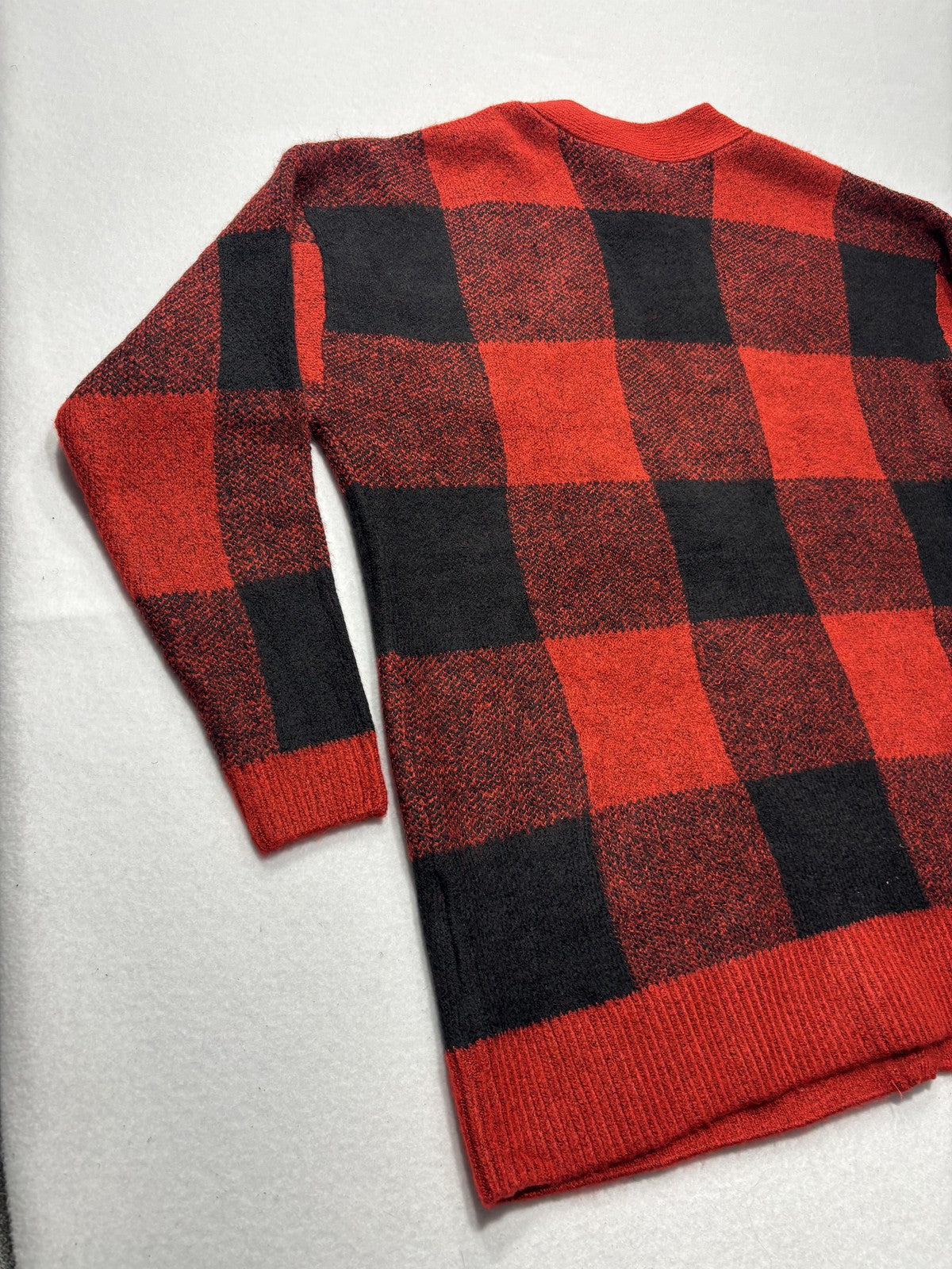 Style&co. Cardigan Womens PL Red Buffalo Plaid Chunky Knit Button Front Pockets