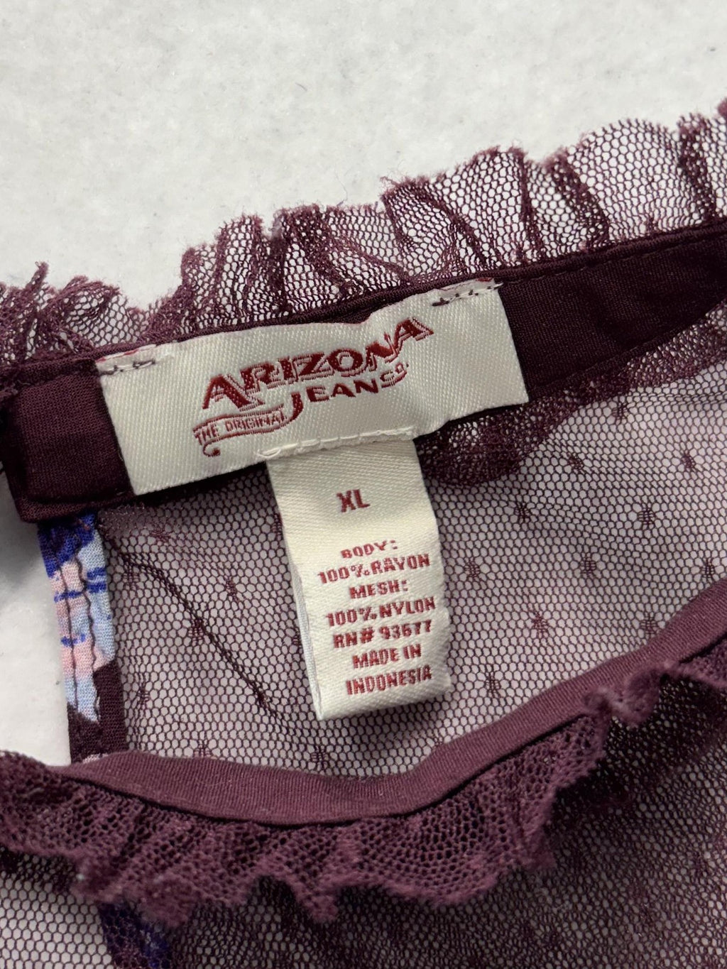 Arizona Jean Co. Blouse Juniors XL Purple Floral Mesh Mock Neck Ruffle Sheer