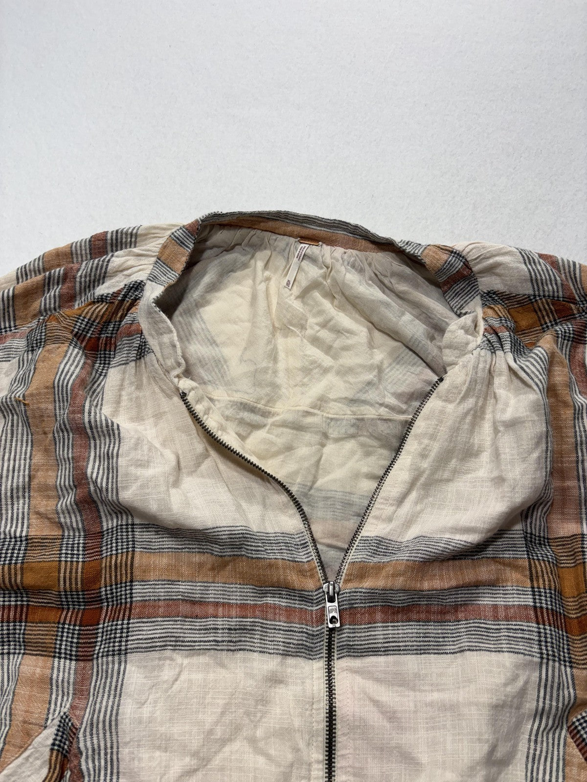 Free People Jacket Womens XL White Plaid Bomber Full Zip Elastic Hem Lightweight