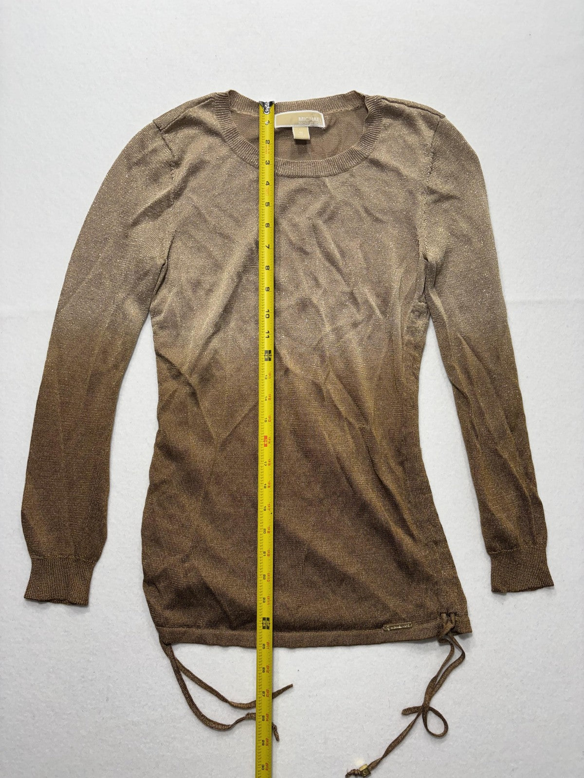 MICHAEL Michael Kors Sweater Womens Medium Gold Metallic Tunic Drawstring Logo
