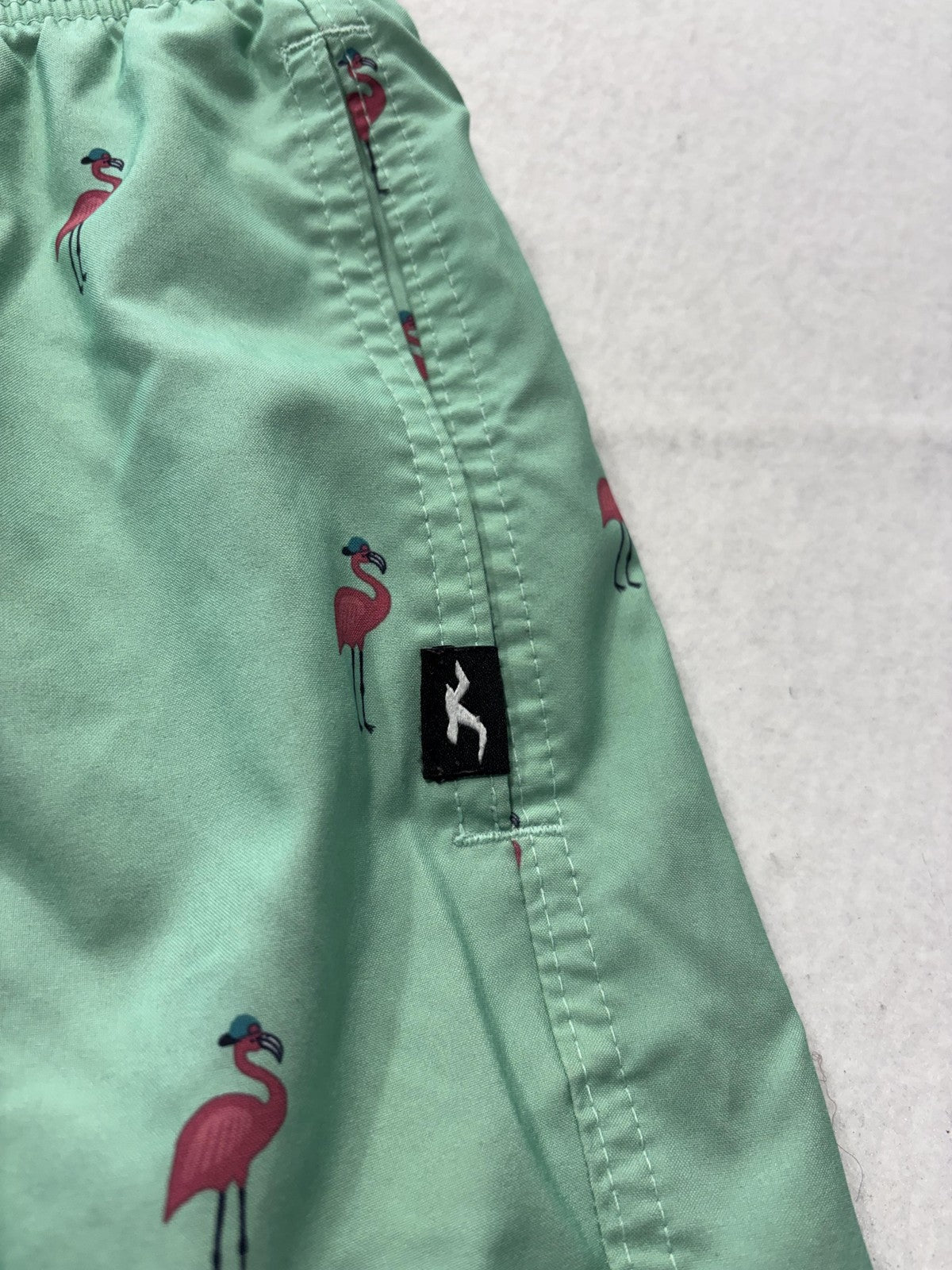 Hollister Swim Shorts Mens Medium Green Flamingo Print Stretch Lined 33352123