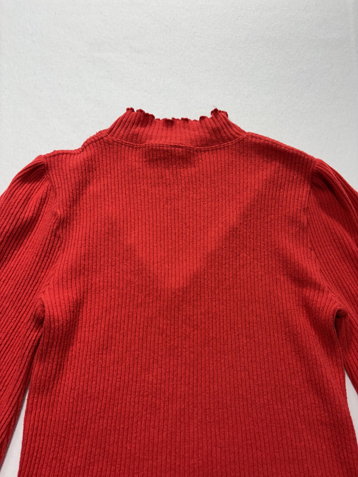Free People Sweater Womens SP Red Mock Neck Balloon Sleeve Ruffle Knit Slim