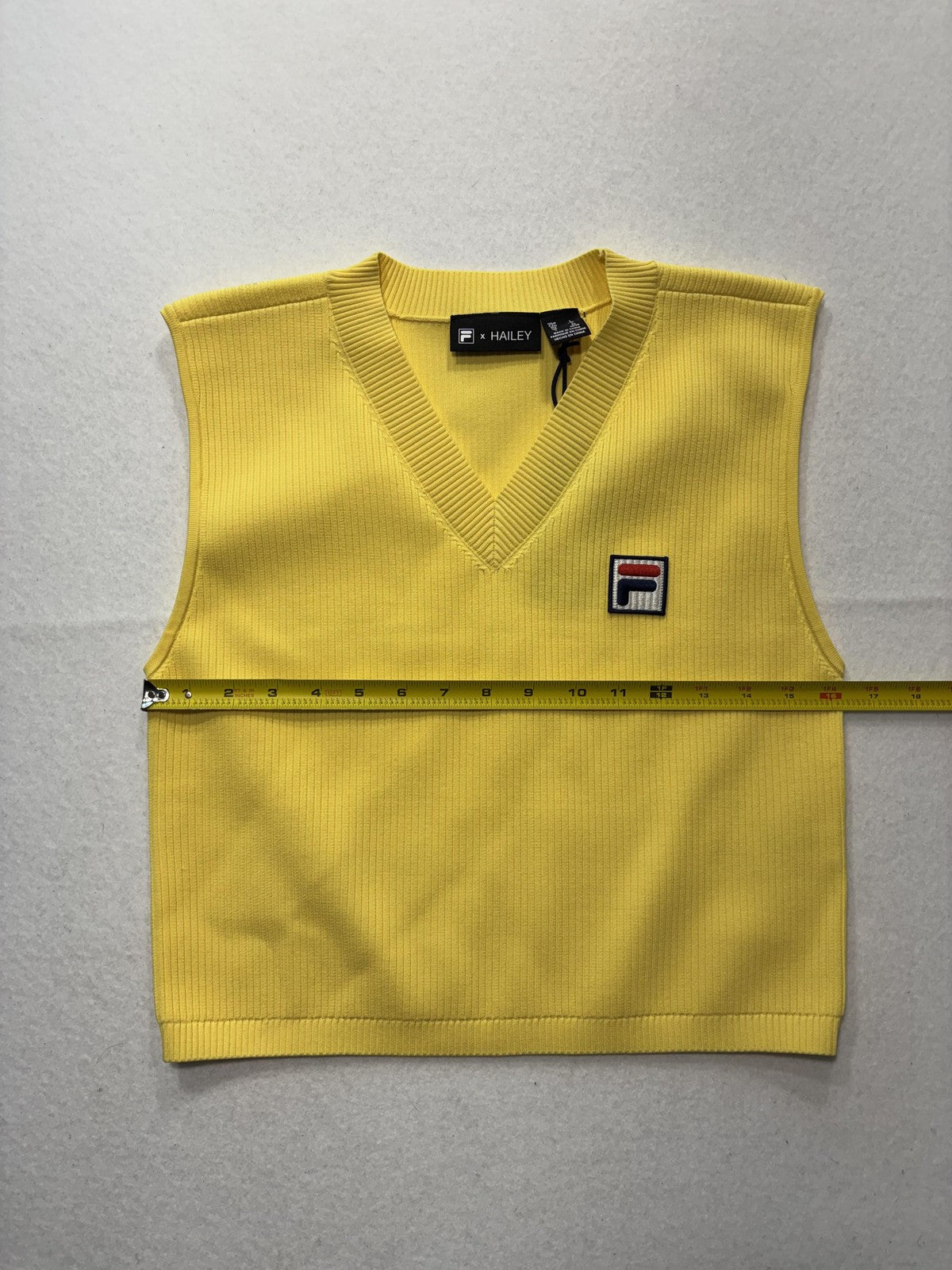 FILA Sweater Vest Womens Large Yellow V Neck Rib Knit Logo Hailey Crop Top