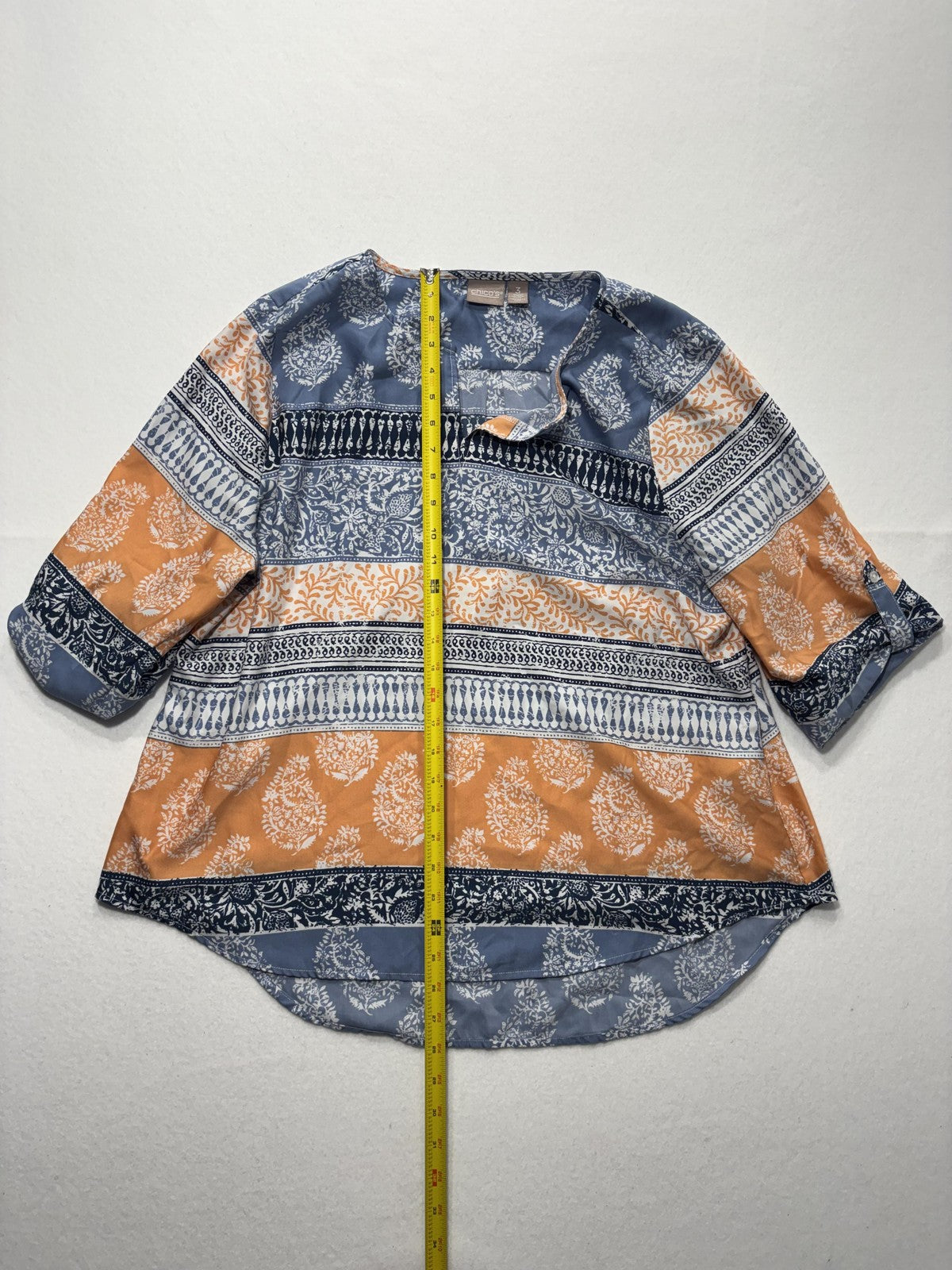 Chico's Blouse Womens 3 Blue Orange Paisley Print Henley 3/4 Roll Tab Tunic Top