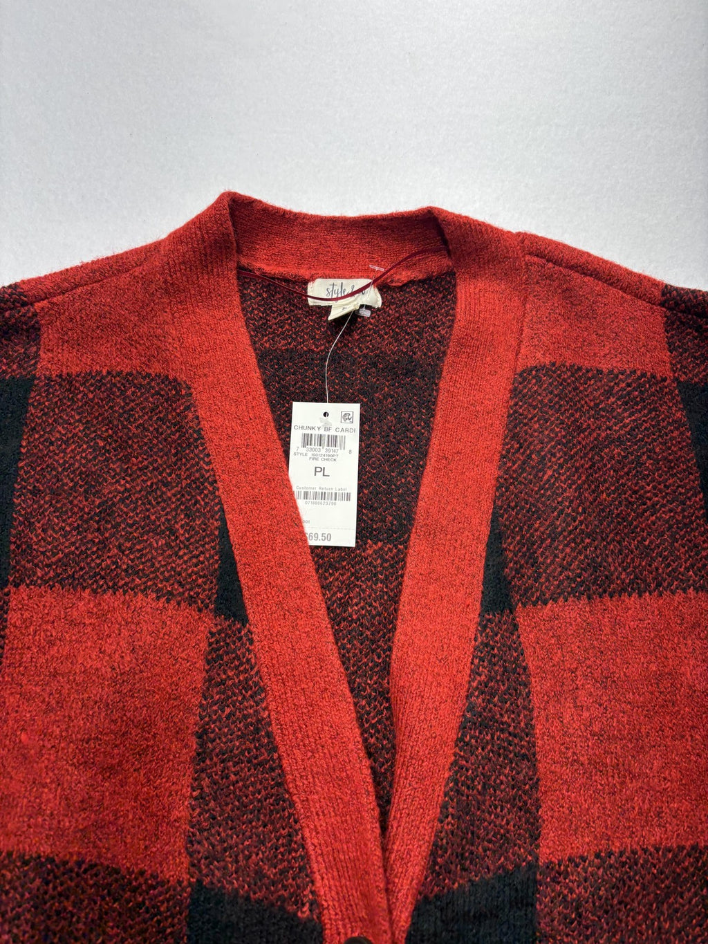 Style&co. Cardigan Womens PL Red Buffalo Plaid Chunky Knit Button Front Pockets