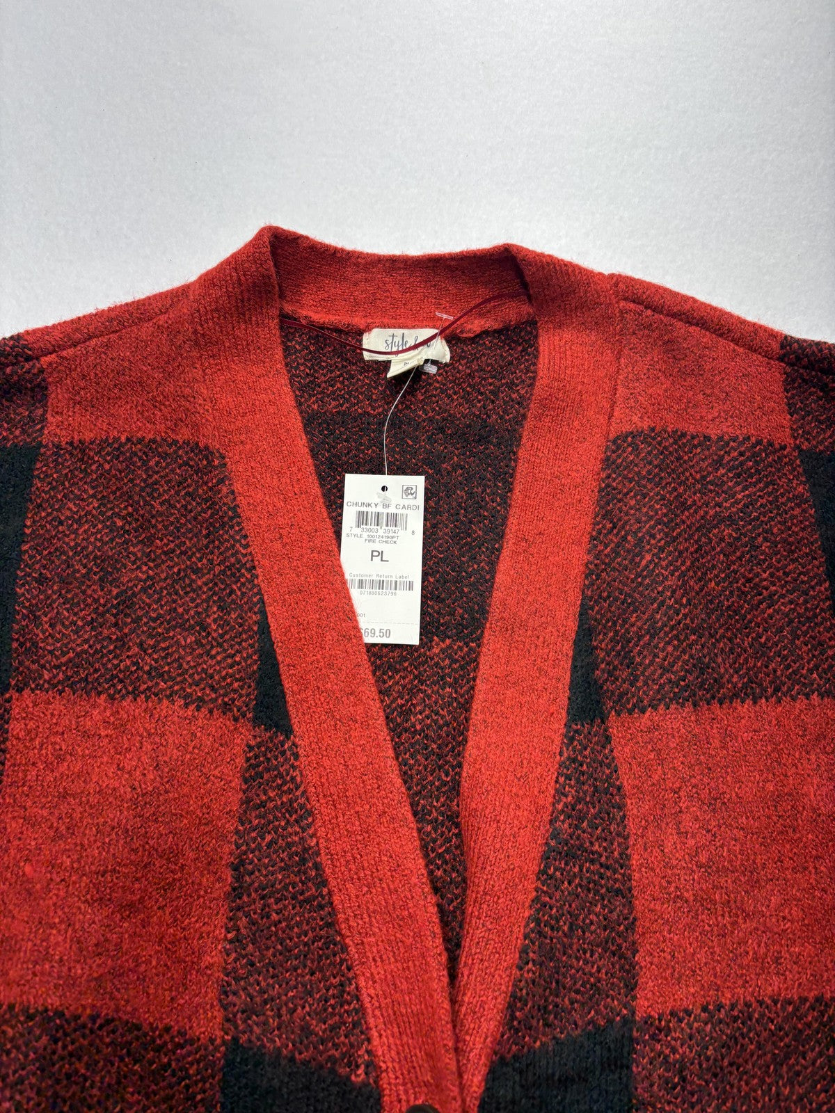 Style&co. Cardigan Womens PL Red Buffalo Plaid Chunky Knit Button Front Pockets